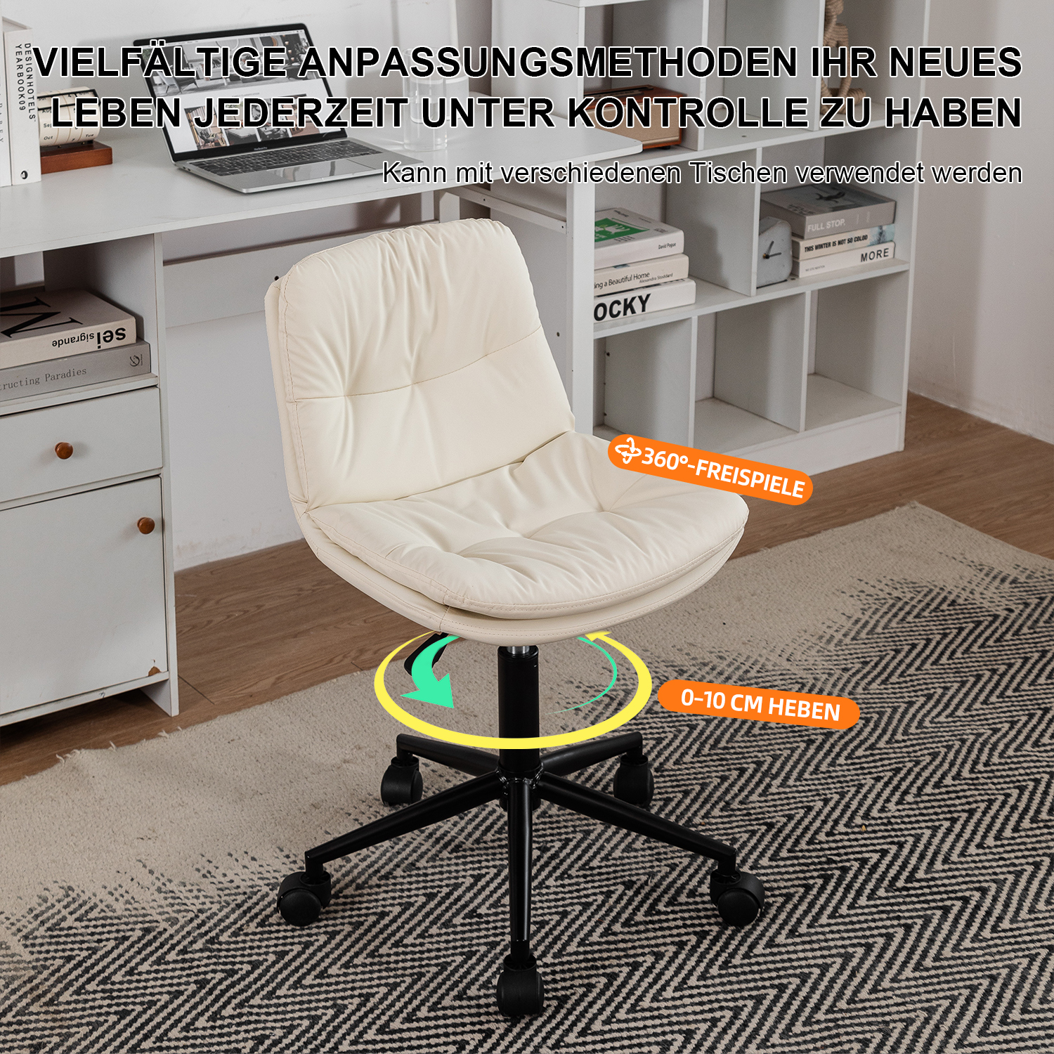 Ein Bürostuhl in moderner Umgebung. Zeigt 360° Drehung und Höhenverstellbarkeit.