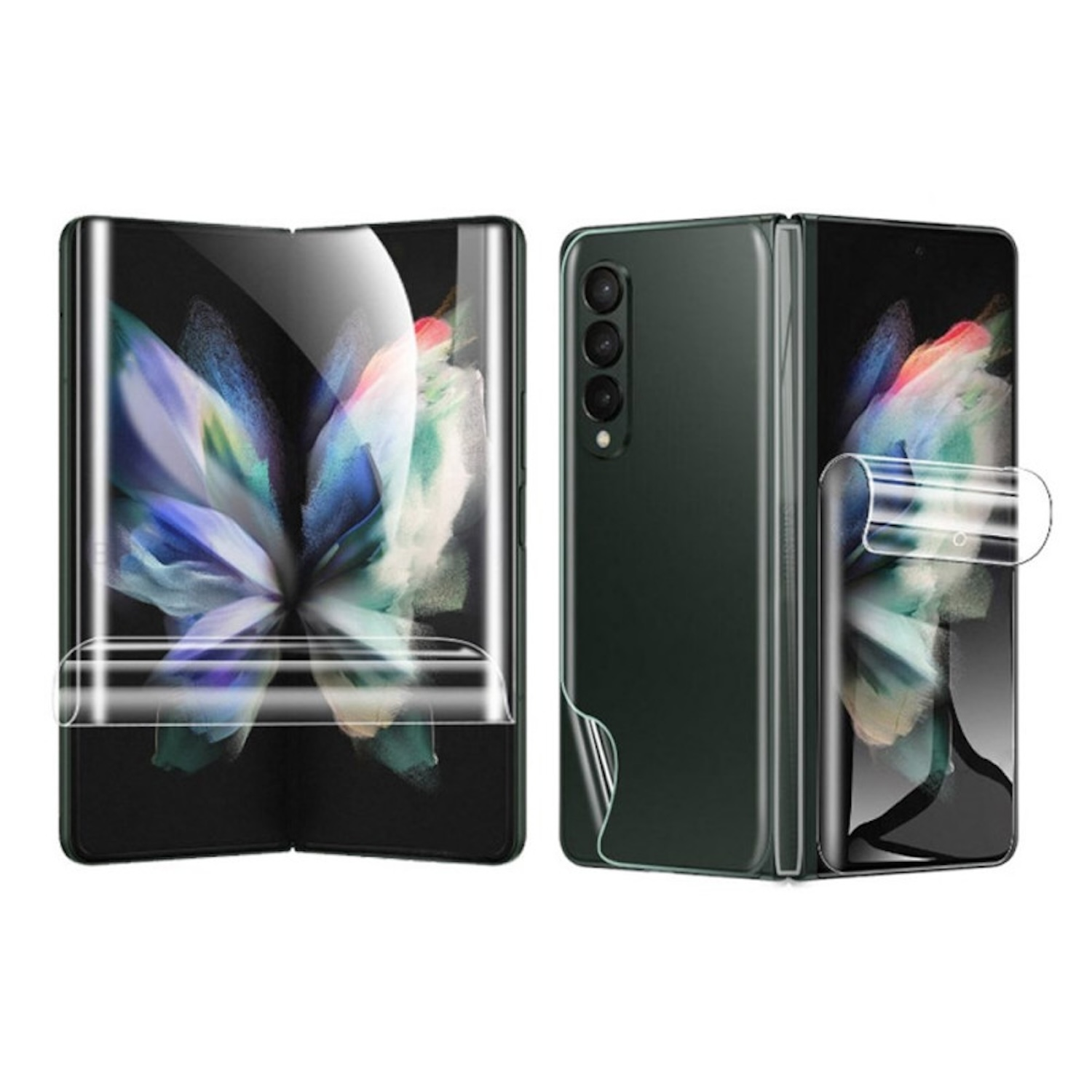 Due telefoni pieghevoli con protezioni per lo schermo. Uno è aperto, l'altro è chiuso.