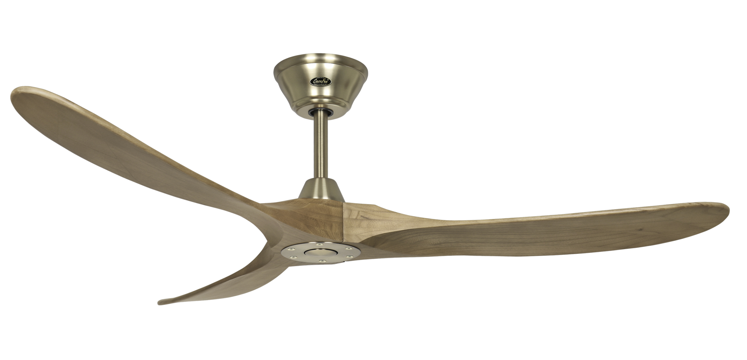 Ventilatore a soffitto con tre pale in legno e alloggiamento motore dorato.