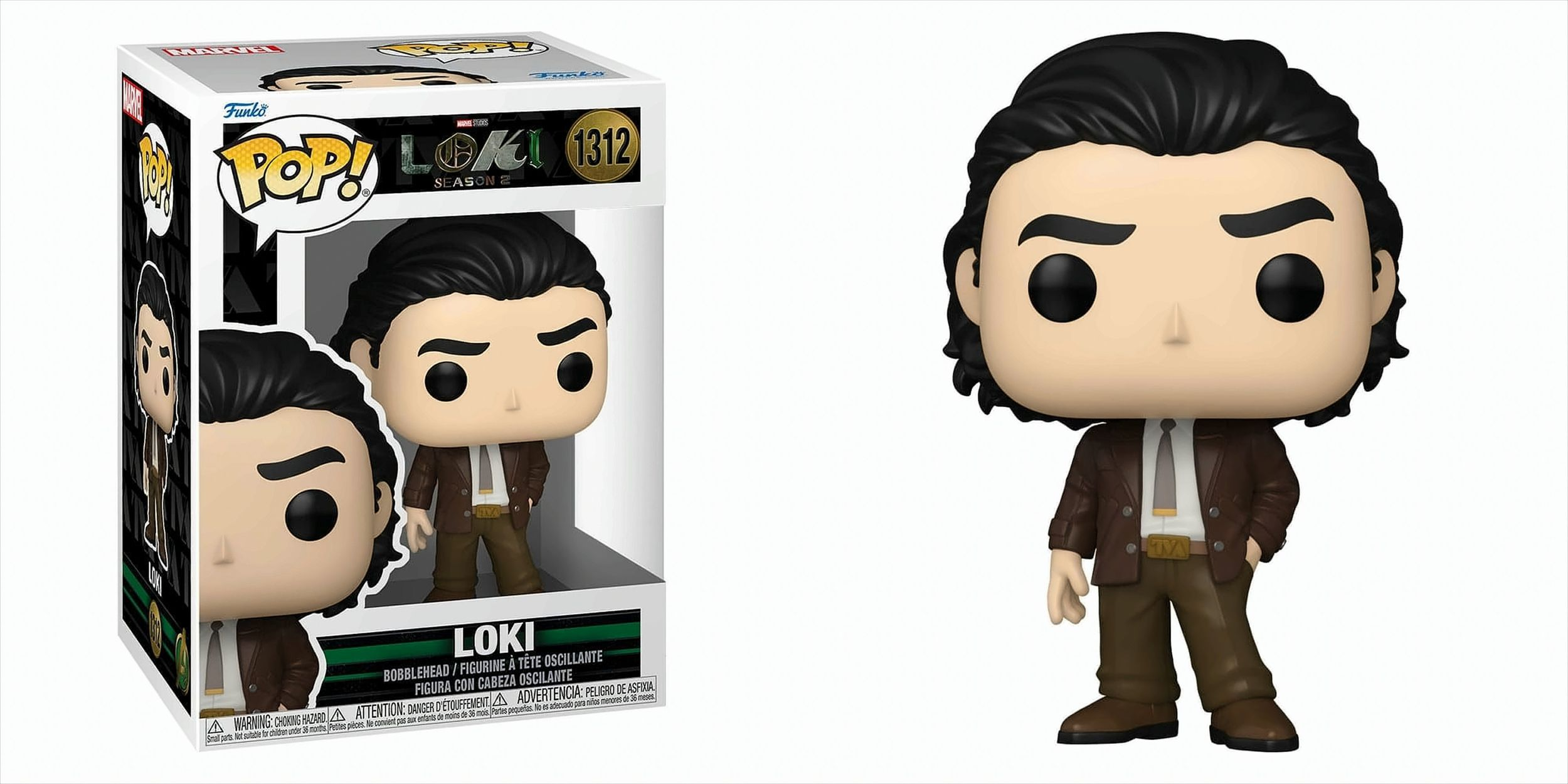 Funko Pop Figur von Loki in einer Box, und die Figur steht allein, beide sichtbar.