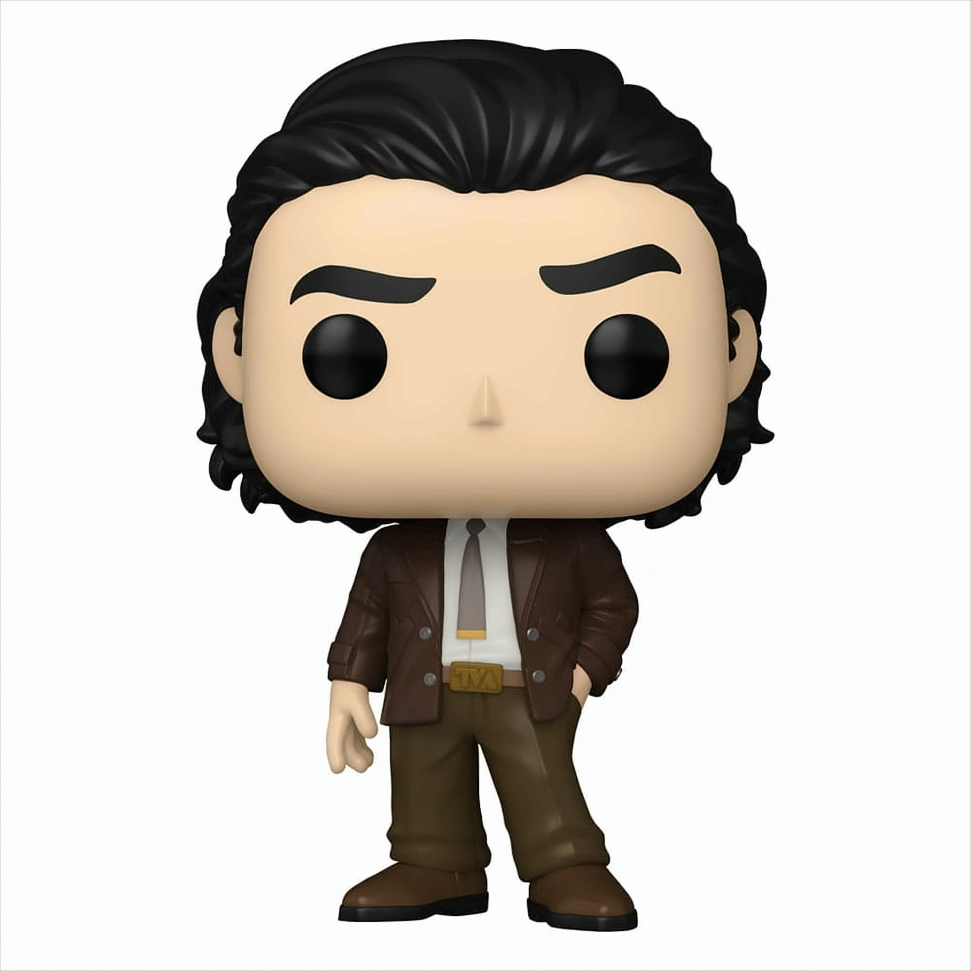 Eine Funko Pop Figur eines Mannes in brauner Jacke, Hose, weißem Hemd und Krawatte. Schwarzes Haar.