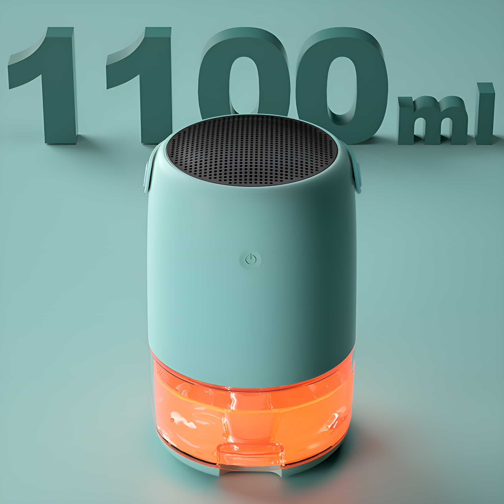 Türkisfarbener Luftbefeuchter mit orangefarbenem Licht unten sichtbar. Die Zahl 1100ml ist oben gezeigt.