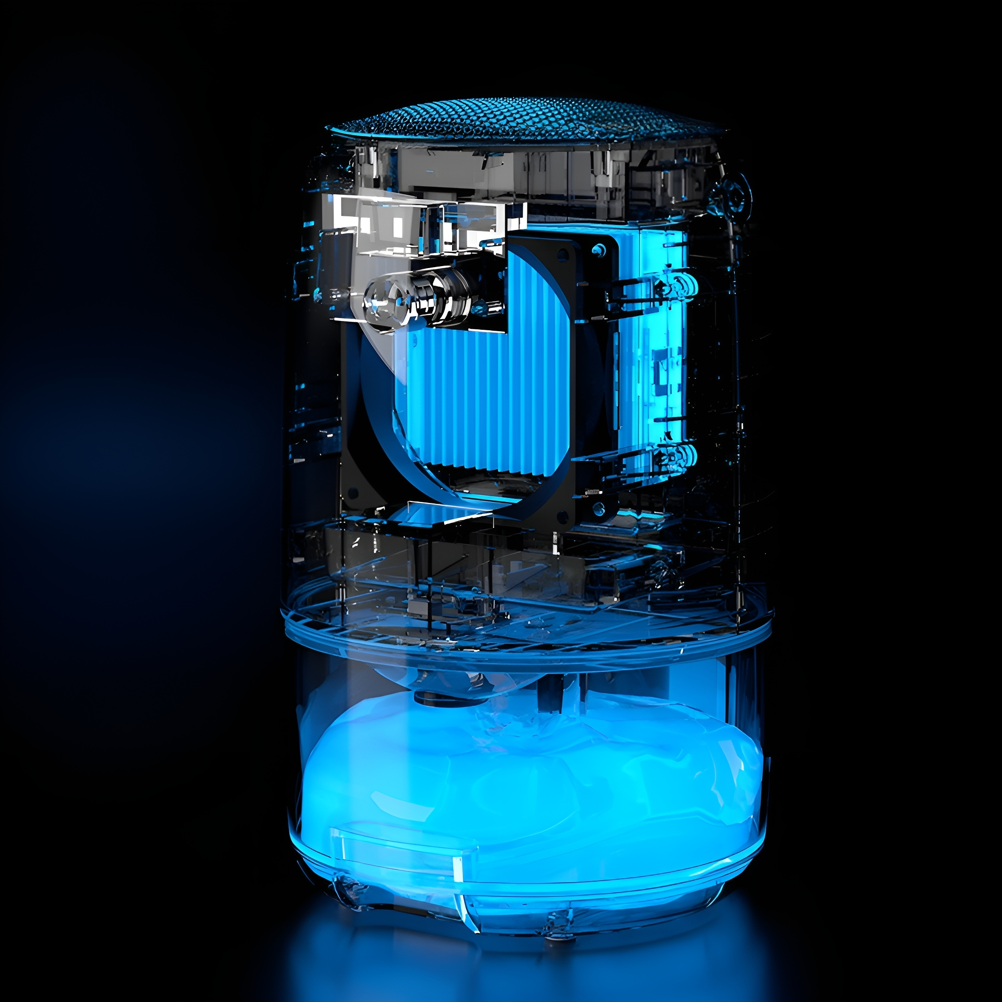 Transparenter Lautsprecher mit blauen Innenkomponenten, schwarzer Hintergrund und Lichteffekte.