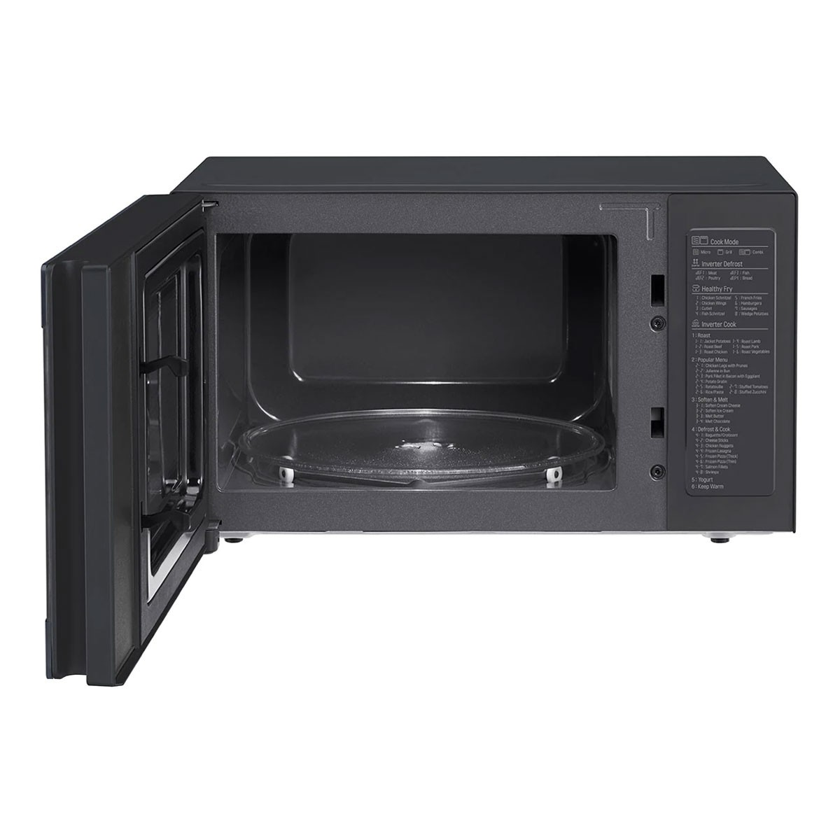 Open zwarte magnetron met een glazen plaat binnenin. De deur is open, interieur en bedieningspaneel zichtbaar.