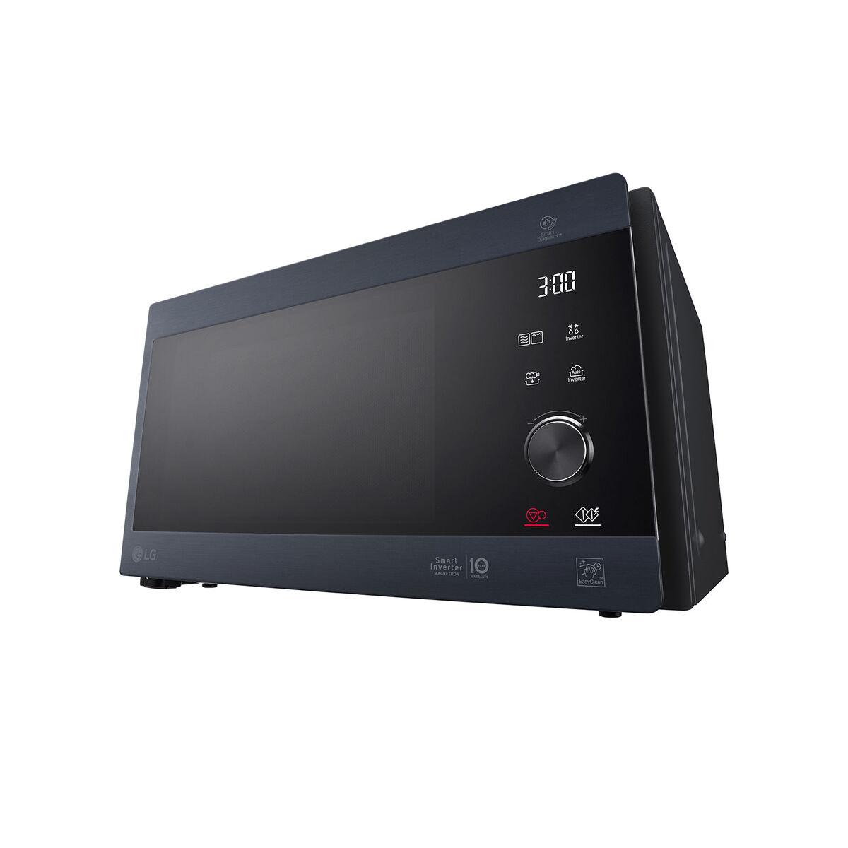 Een zwarte magnetron met een digitaal display en bedieningsknoppen.