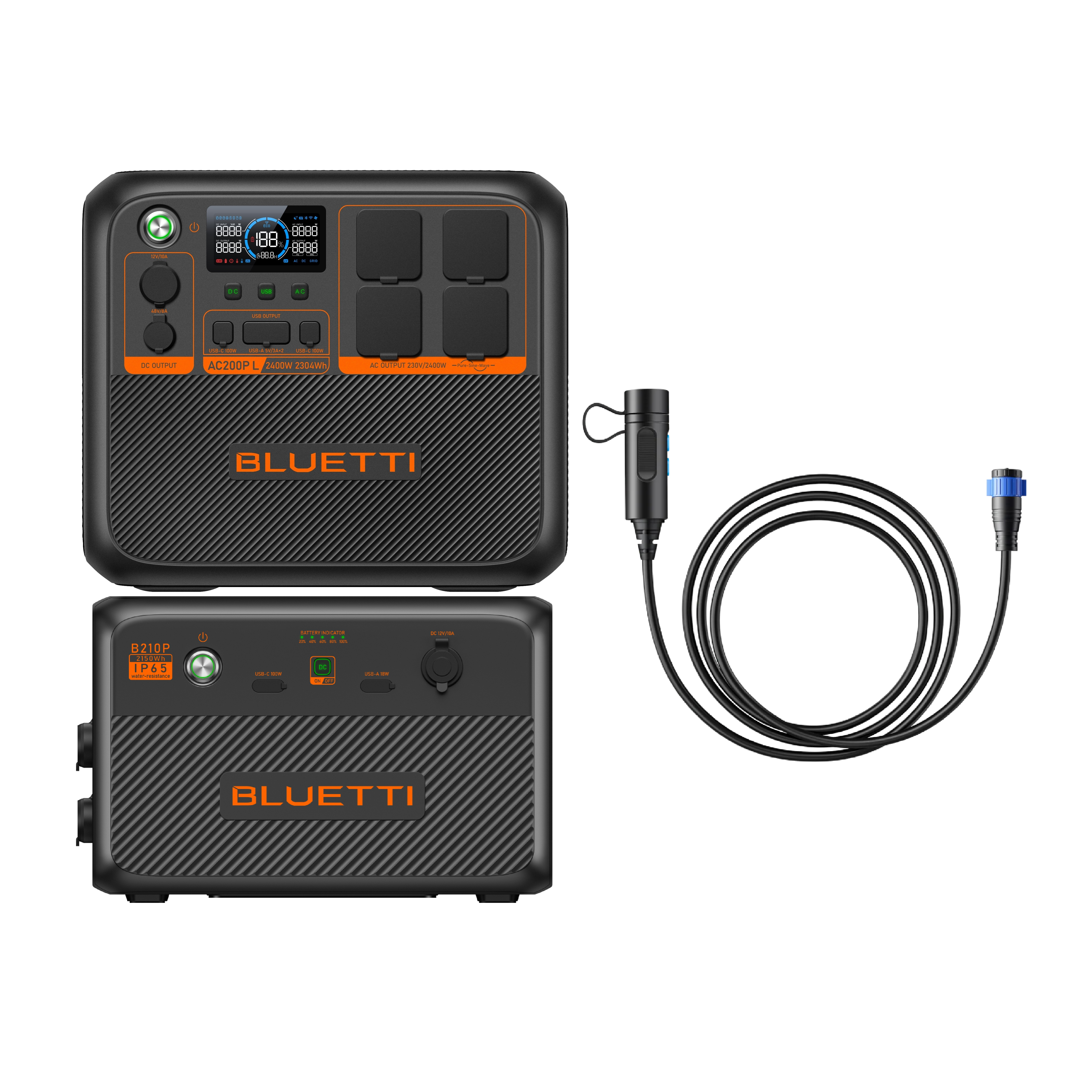 Czarna elektrownia Bluetti z akcesoriami. Posiada wyświetlacz cyfrowy i wiele gniazd.