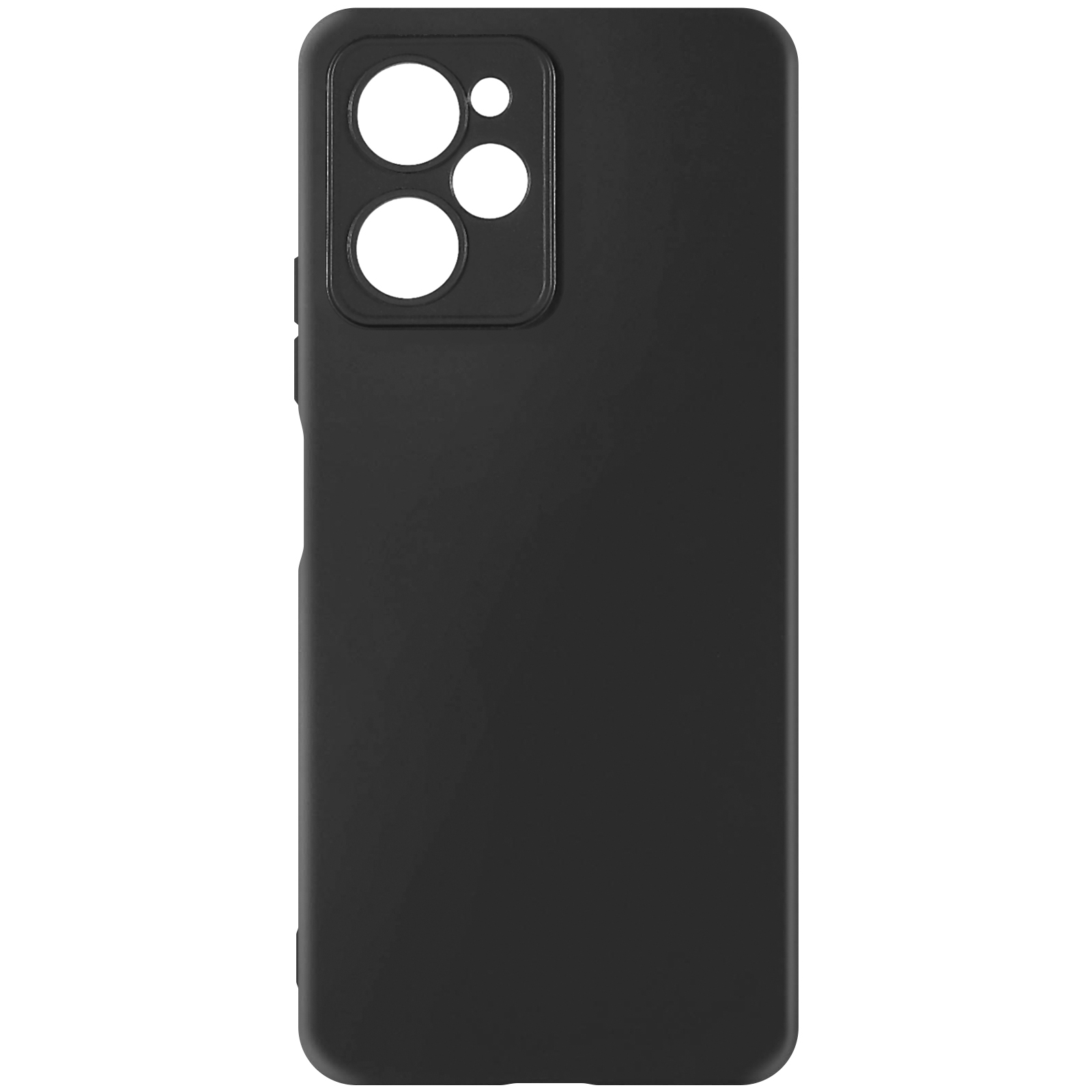 Custodia nera per telefono. Ha un ritaglio per la fotocamera. Lo sfondo è bianco.