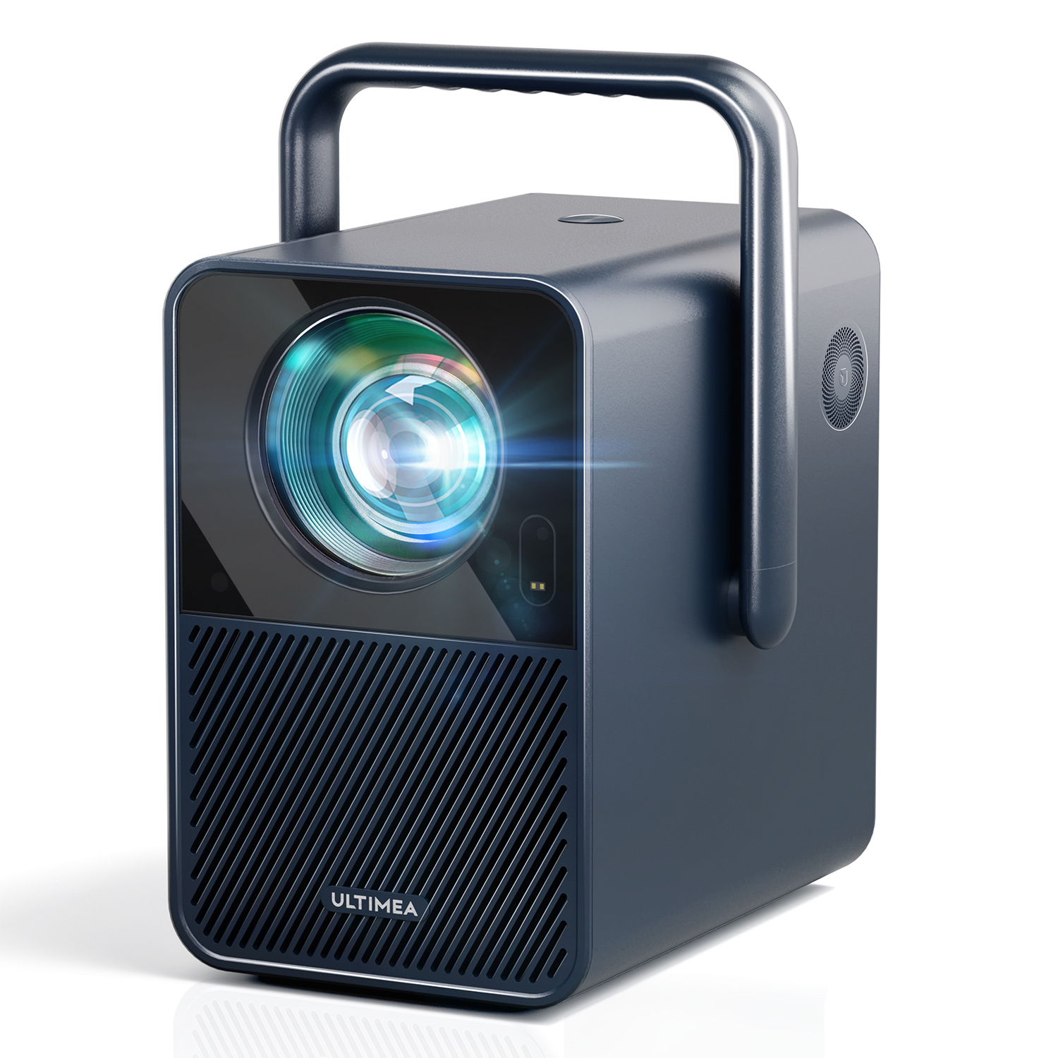 Un proyector azul oscuro con asa, lente y ventilación. La marca es ULTIMEA.