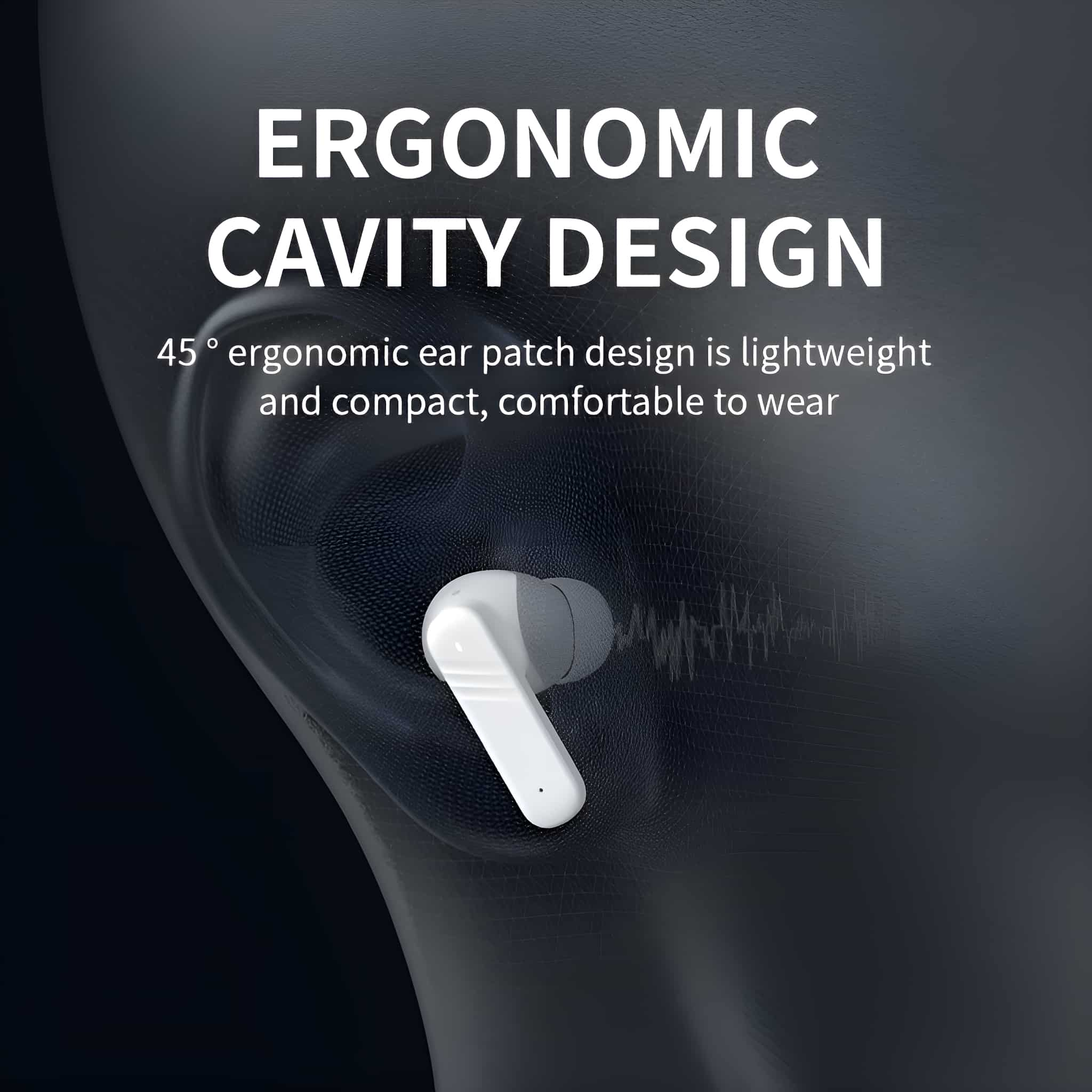 Weiße ergonomische Ohrhörer mit Nahaufnahme des Ohrs.