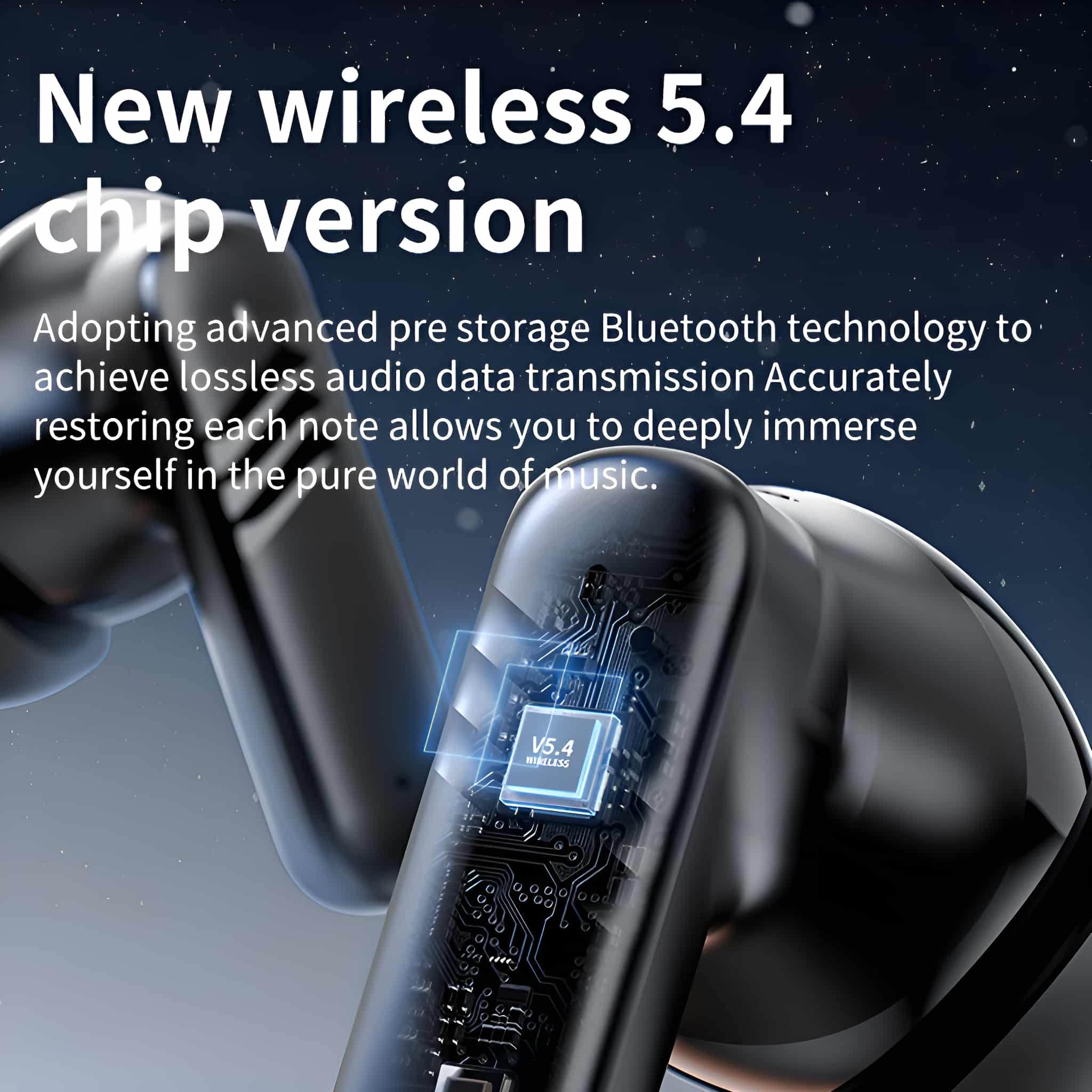 Nahaufnahme von kabellosen Ohrhörern, die eine Platine mit dem V5.4 Wireless-Chip zeigen.