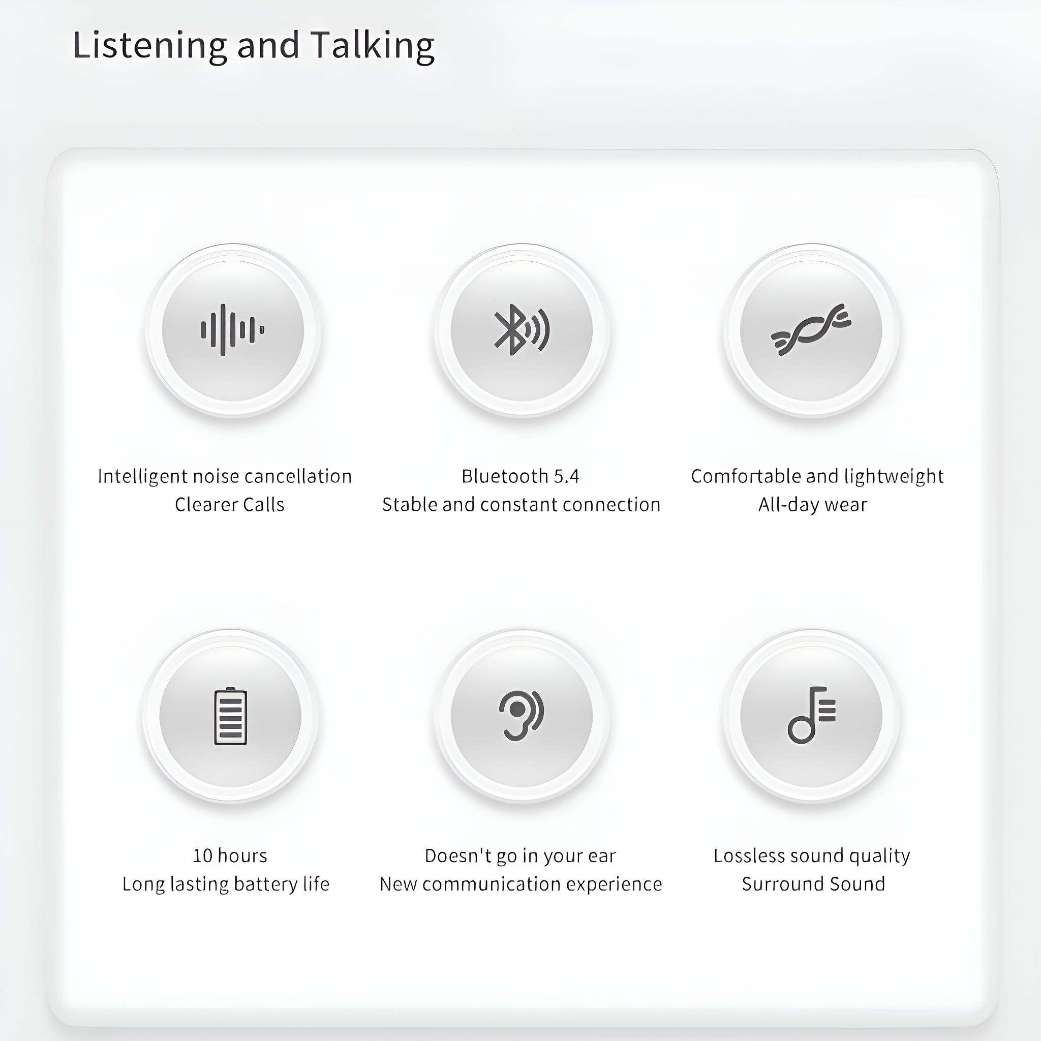 Diagramm mit Symbolen und Text, der Geräuschunterdrückung, Bluetooth 5.4, Komfort, Akkulaufzeit und Klangqualität beschreibt.