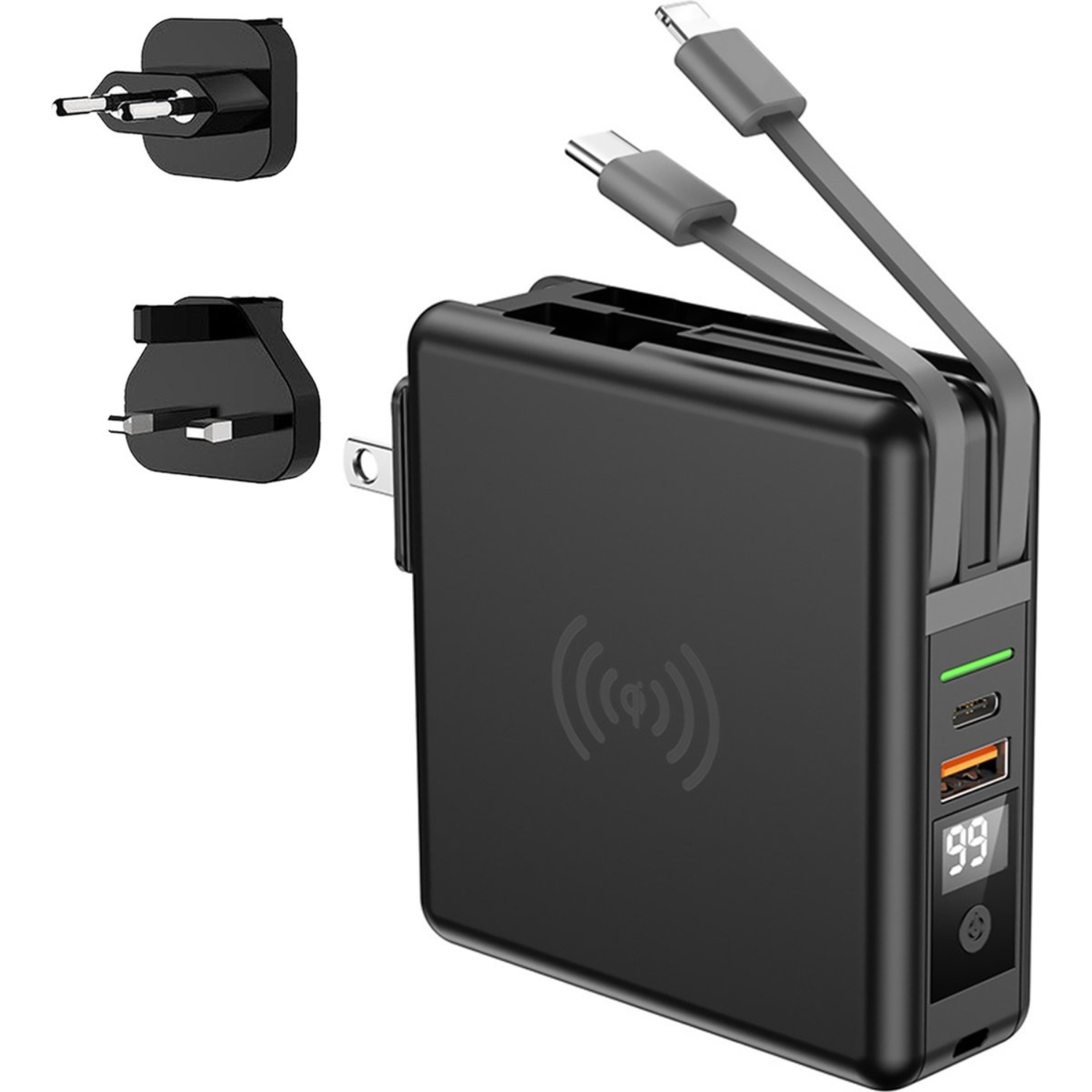 Black charging station with multiple ports and plugs. Wireless charging pad and digital display. White background.