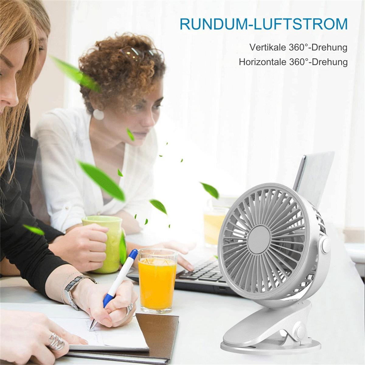 Ein weißer Ventilator mit Clip auf einem Tisch, und Leute sitzen darum.