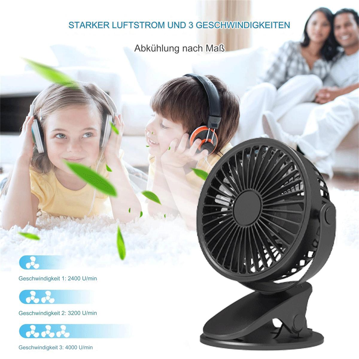 Ein schwarzer Clip-Ventilator mit zwei Kindern im Hintergrund, die Kopfhörer tragen. Der Ventilator hat drei Geschwindigkeiten.