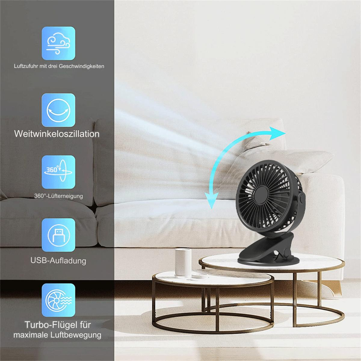Kleiner schwarzer Ventilator auf einem Tisch. Symbole und Text auf der linken Seite.