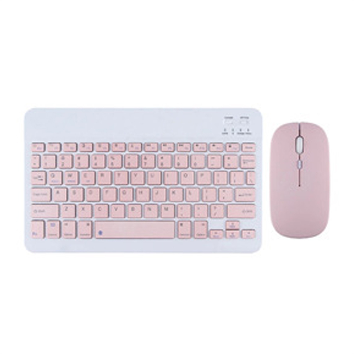 Rosa Tastatur und Maus Set auf weißem Hintergrund. Tastatur mit rosa Tasten. Maus mit Scrollrad.