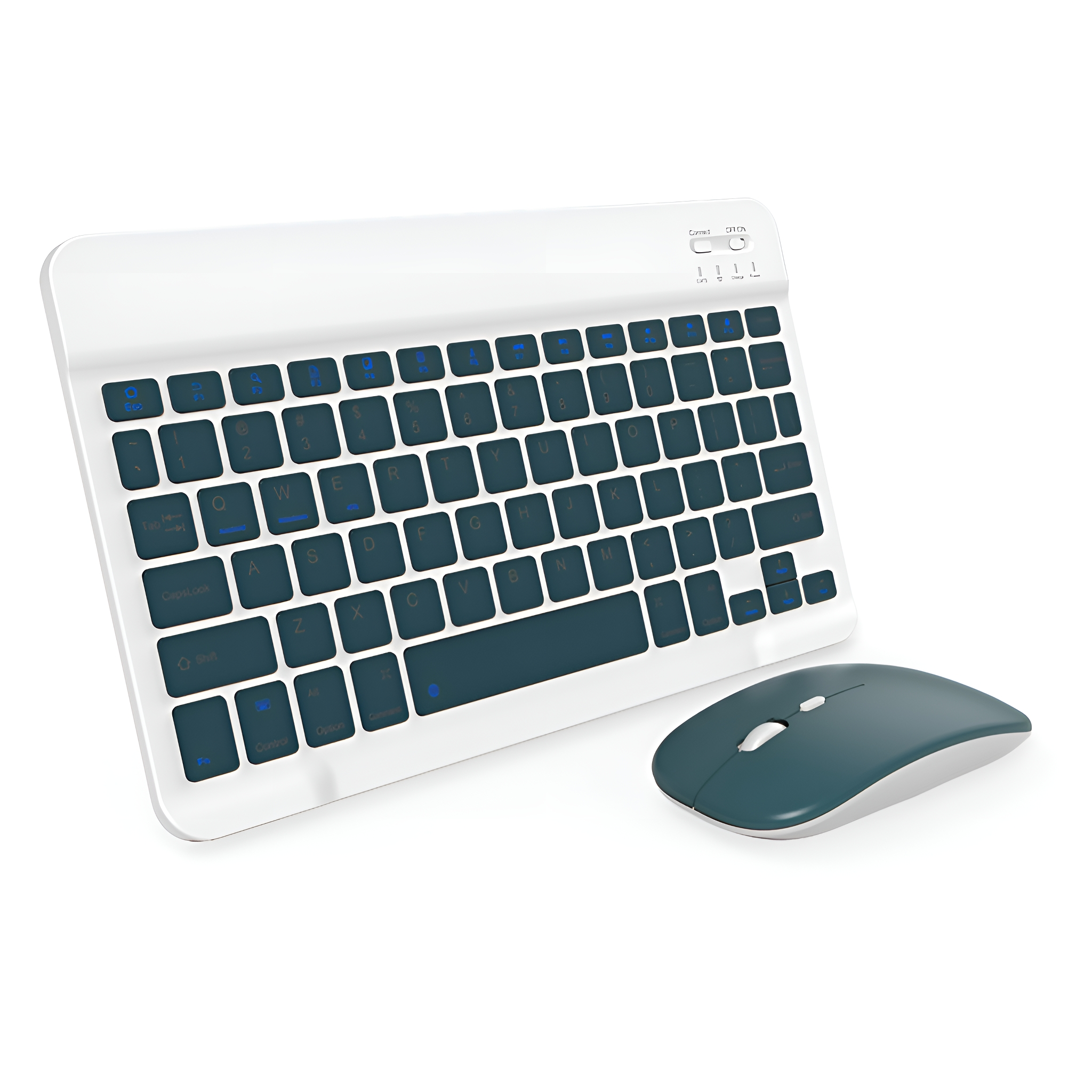 Eine weiße Tastatur und eine Maus. Die Tastatur hat dunkelblaue Tasten mit weißen Buchstaben.