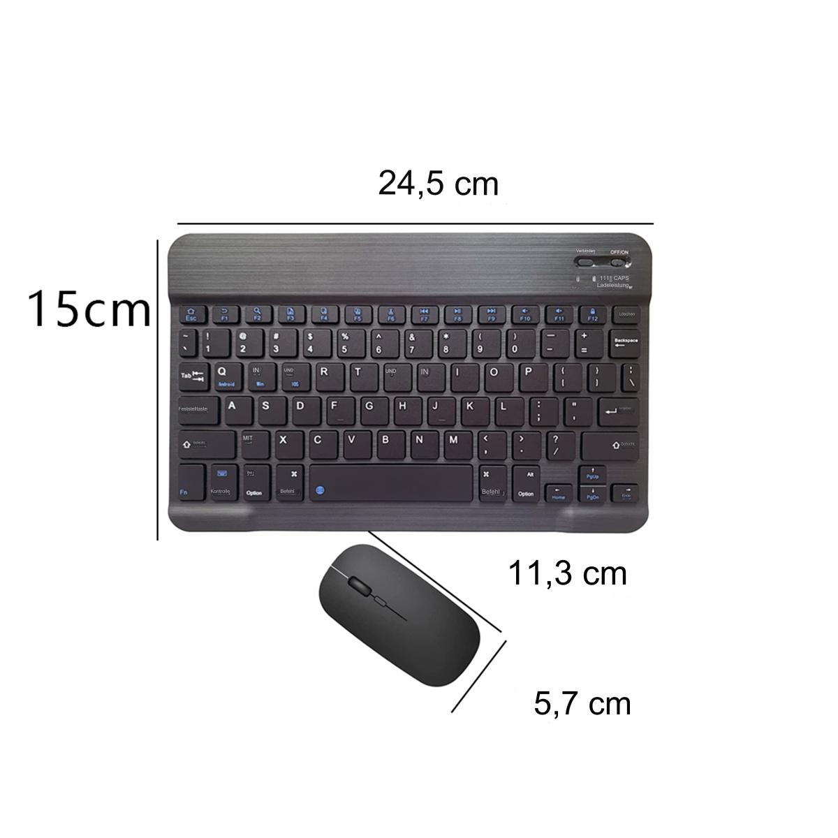 Schwarzes Tastatur- und Maus-Set auf weißem Hintergrund, Abmessungen angegeben.