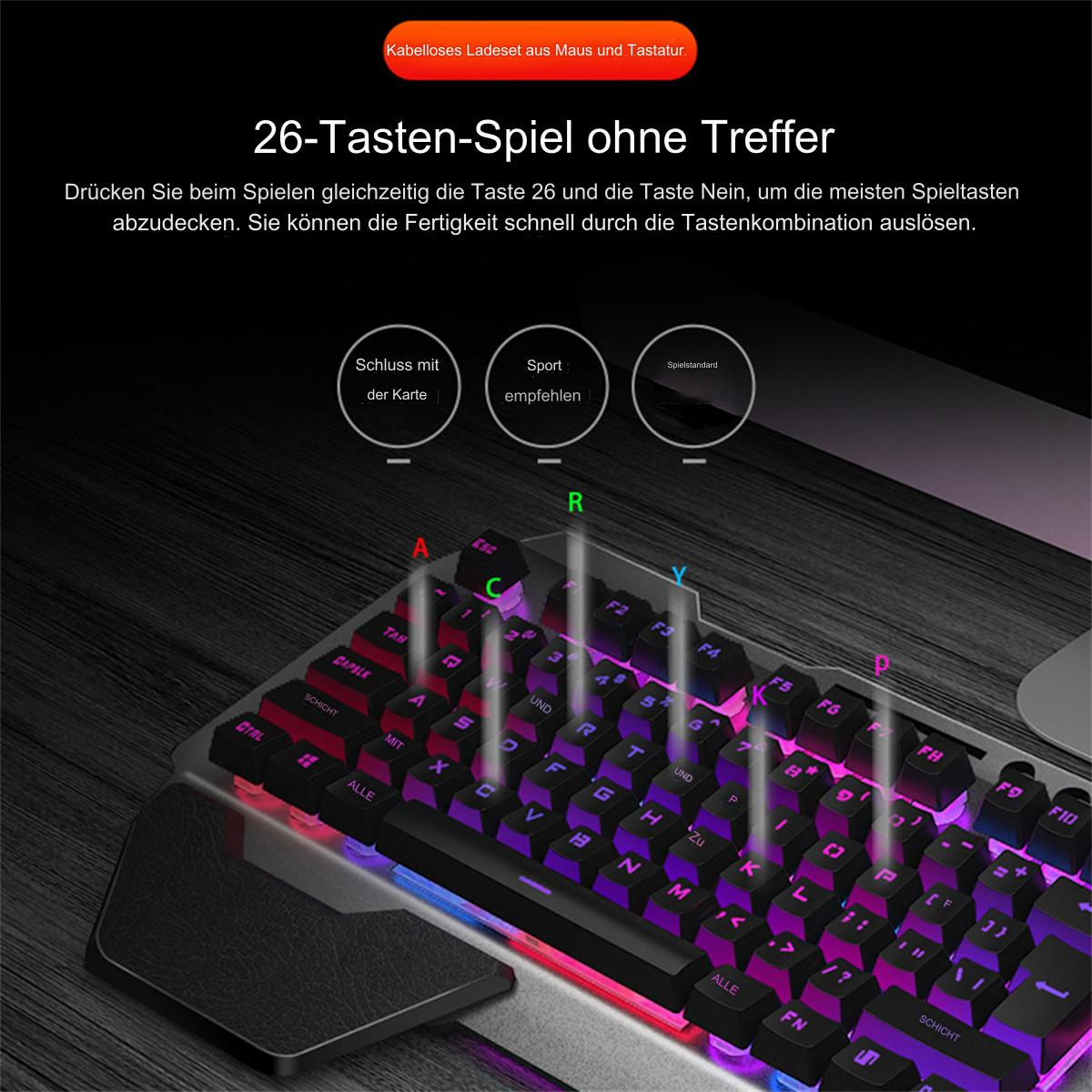 Eine Gaming-Tastatur mit bunten Tasten und etwas Text oben.