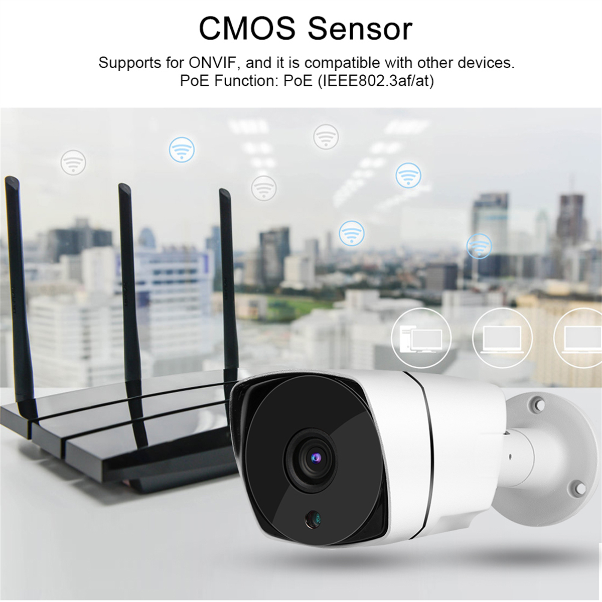 Überwachungskamera, Router und Antennen. Text sagt CMOS-Sensor, unterstützt ONVIF und PoE.