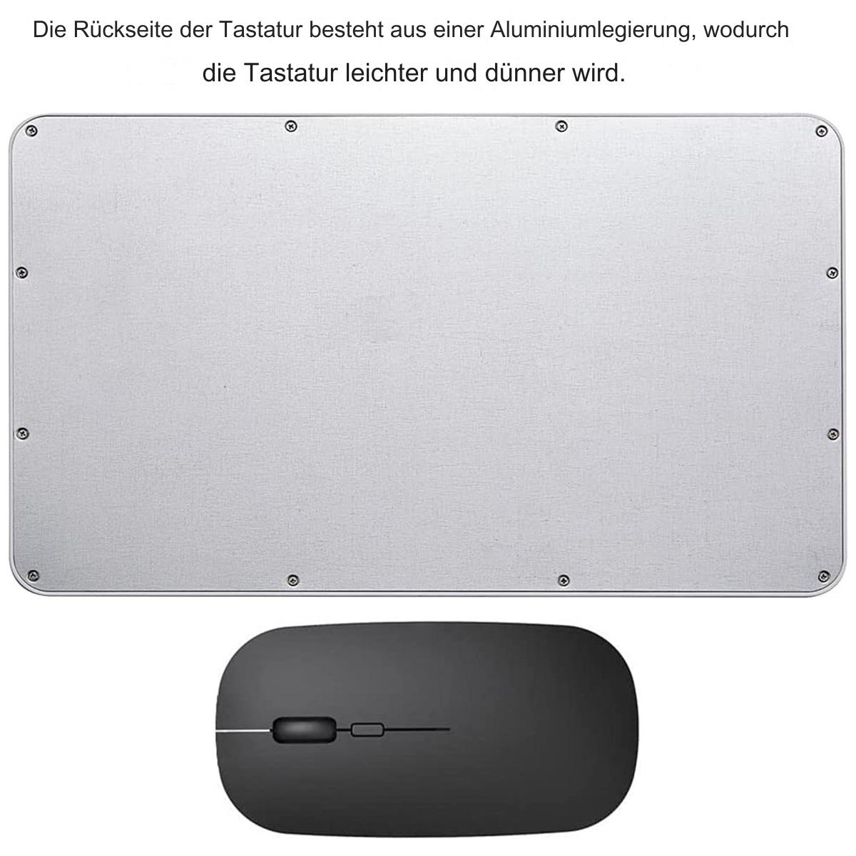 Silberne Tastaturrückseite mit Schrauben, schwarze Maus darunter.