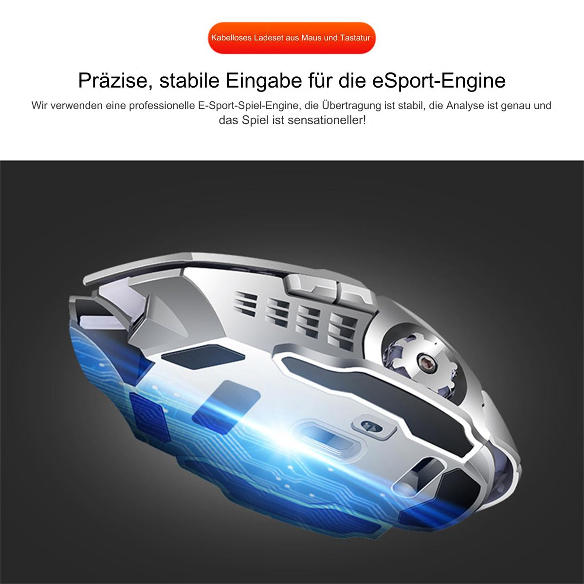 Eine silberne Gaming-Maus mit blauen Lichtakzenten, dunkler Hintergrund.