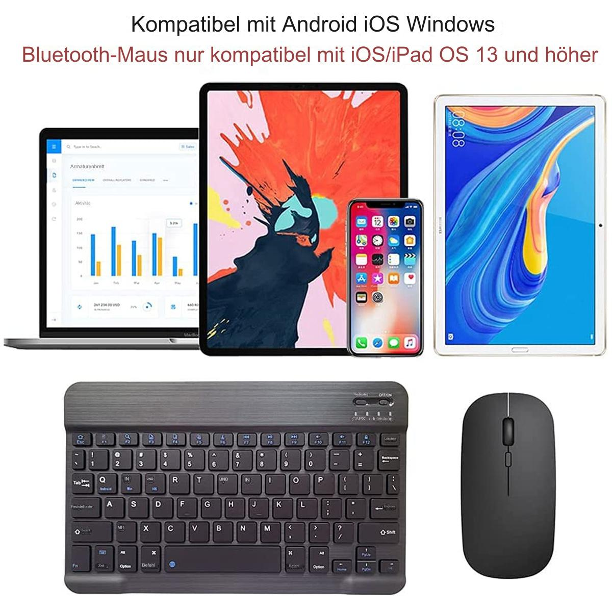 Laptop, Tablet und Telefon mit Tastatur und Maus. Geräte zeigen farbenfrohe Bildschirme. Alles schwarz.