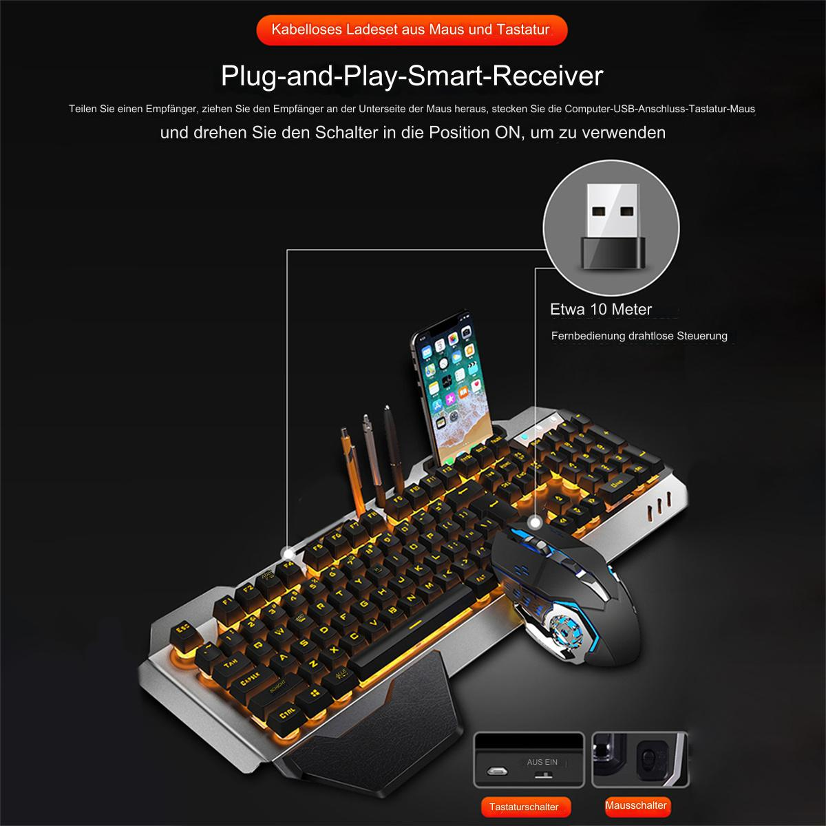 Ein kabelloses Tastatur-, Maus- und Empfängerset mit orangefarbenen beleuchteten Tasten und einer schwarzen Maus.