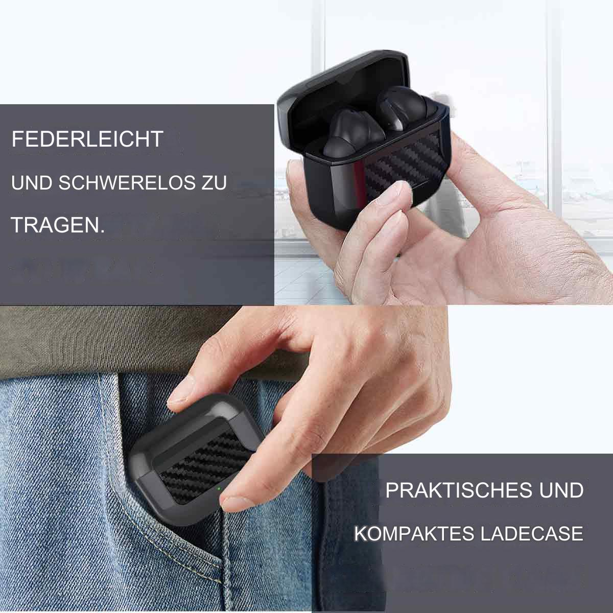 Schwarze Ohrhörer in einem Etui, gehalten in einer Hand und in einer Tasche. Text: 'federleicht'.