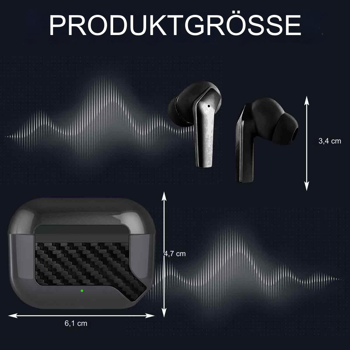 Ohrhörer und Ladeetui, die Größenabmessungen zeigen. Ohrhörer befinden sich in einem Etui, mit Abmessungen.