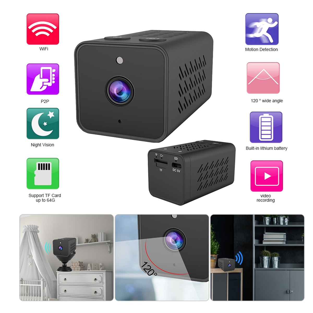 Kleine schwarze Kamera mit mehreren Symbolen, die ihre Funktionen zeigen, einschließlich WLAN, Nachtsicht und Videoaufzeichnung.