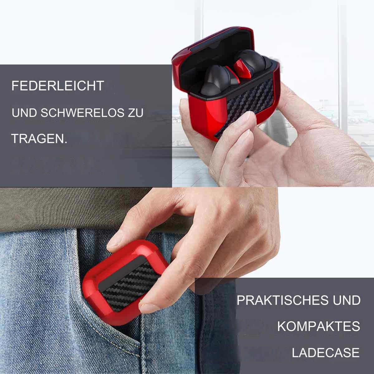 Ohrhörer und Ladecase, rot, in einer Tasche. Text: Leicht, kompakt und tragbar.
