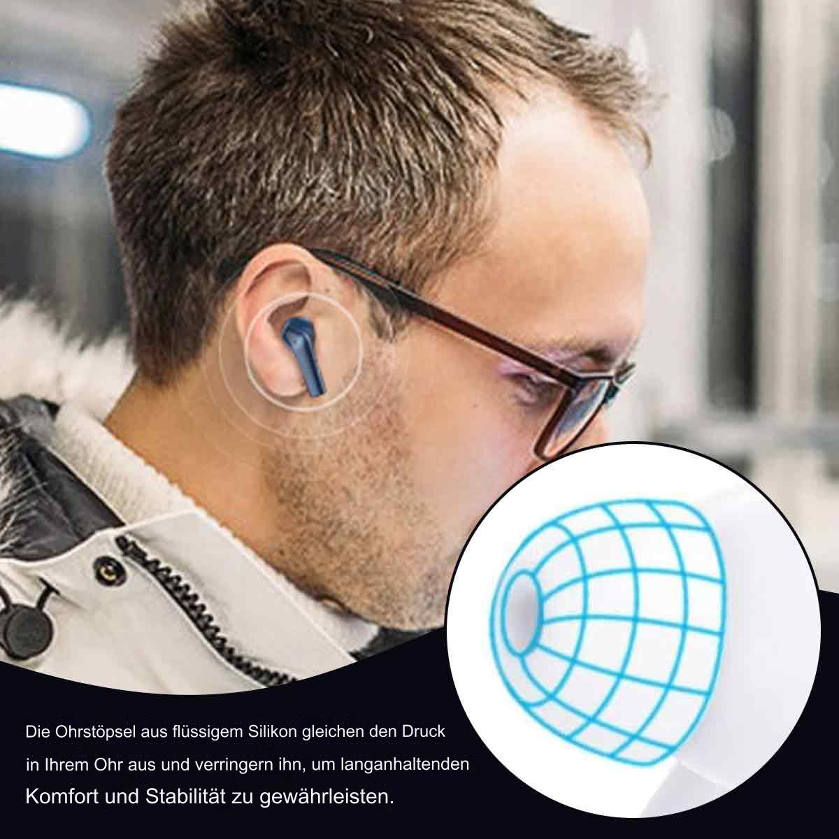 Nahaufnahme eines Mannes mit Brille, der einen Ohrhörer trägt, mit einer Darstellung des Designs des Ohrhörers.