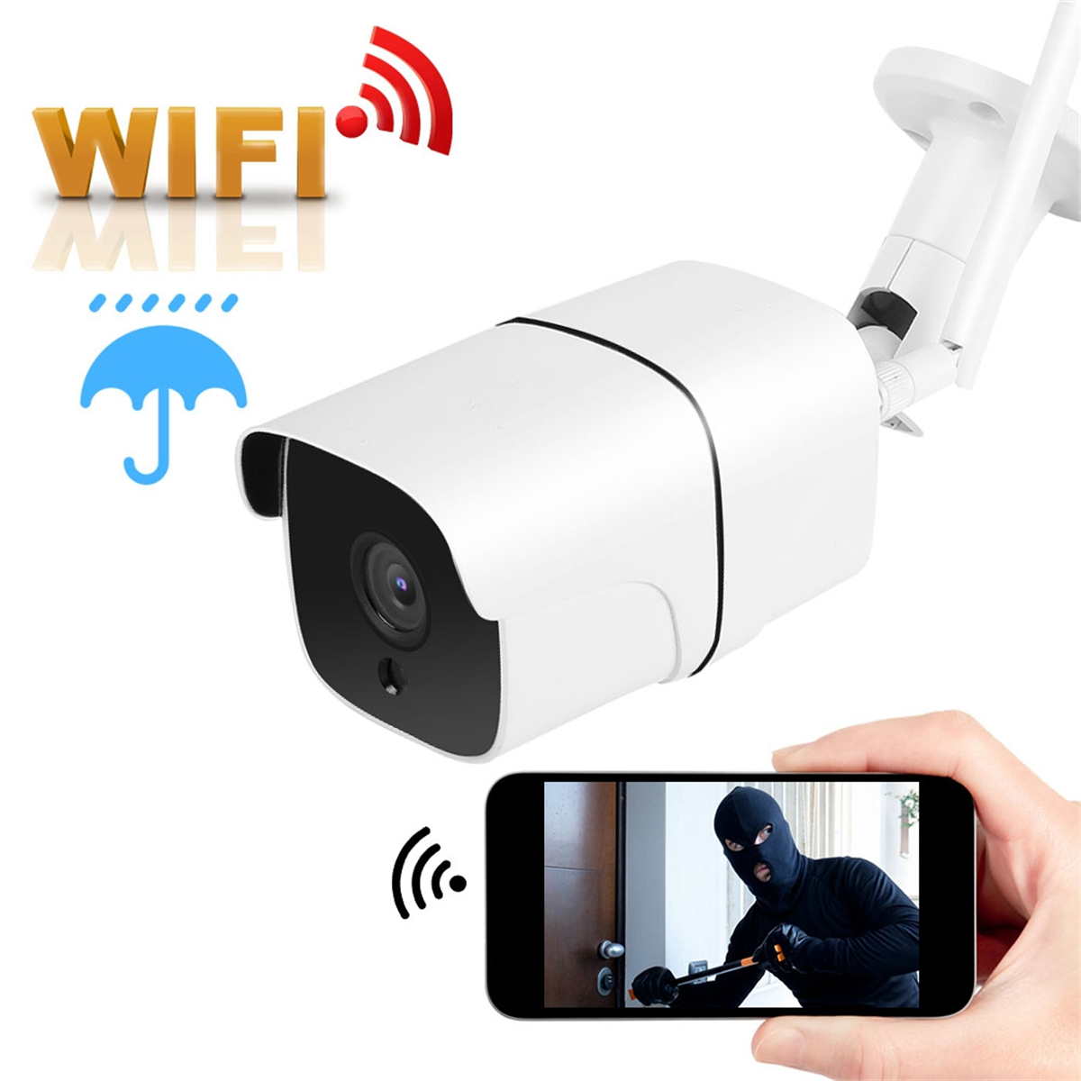 Weiße Überwachungskamera mit WLAN- und Regensymbolen und eine Person, die einen Einbrecher auf dem Telefon beobachtet.