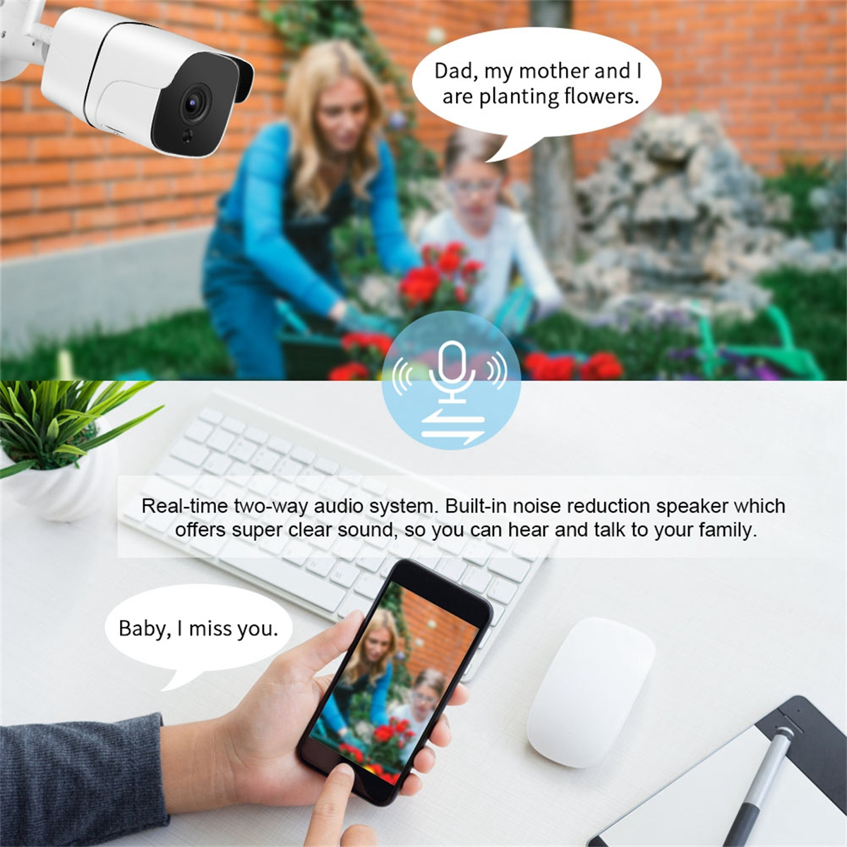 Frau und Kind pflanzen Blumen im Garten, mit Überwachungskamera und Telefon, die sie zeigen.