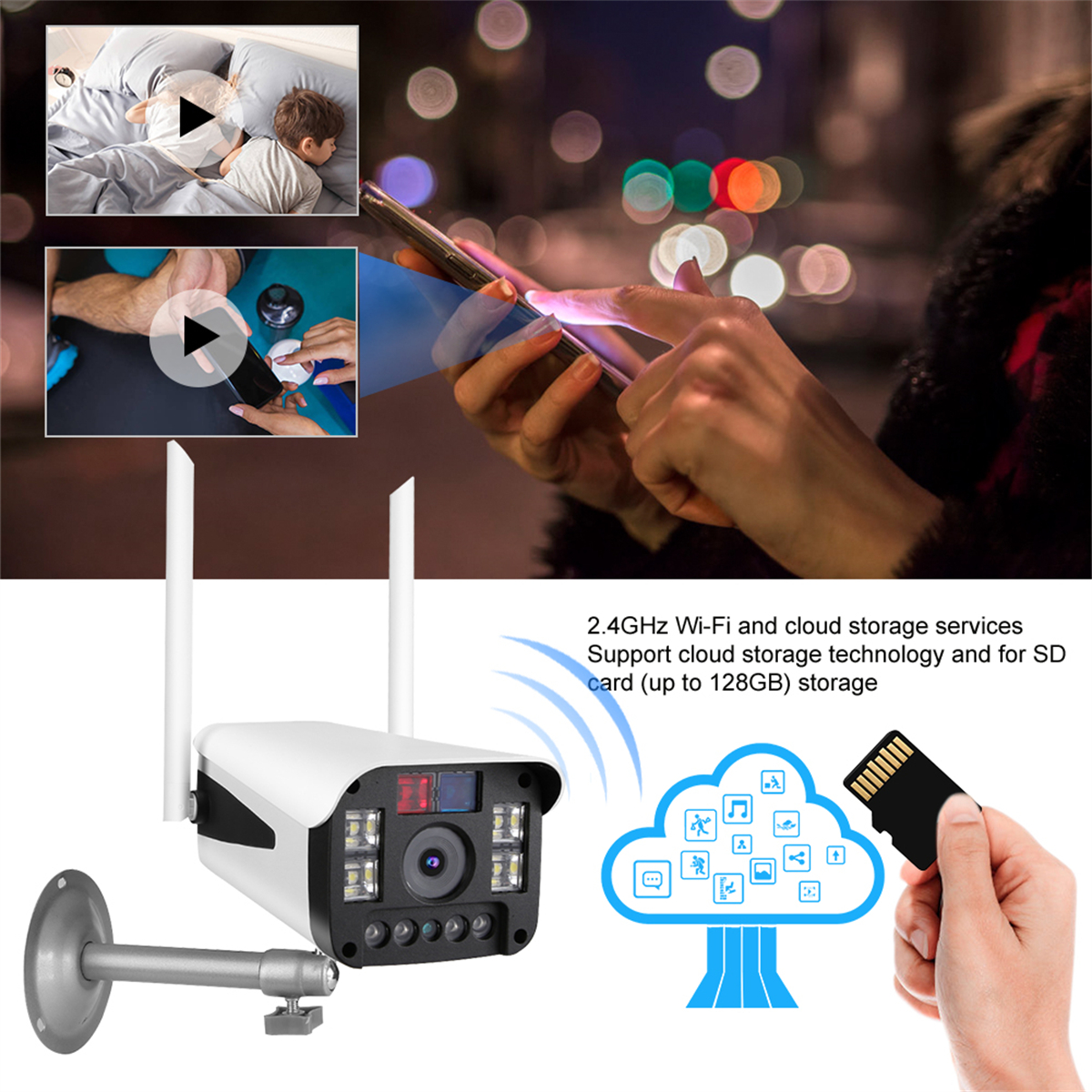 Überwachungskamera mit Cloud-Speicher und SD-Kartenunterstützung, mit Bildern von Haus und Telefon.