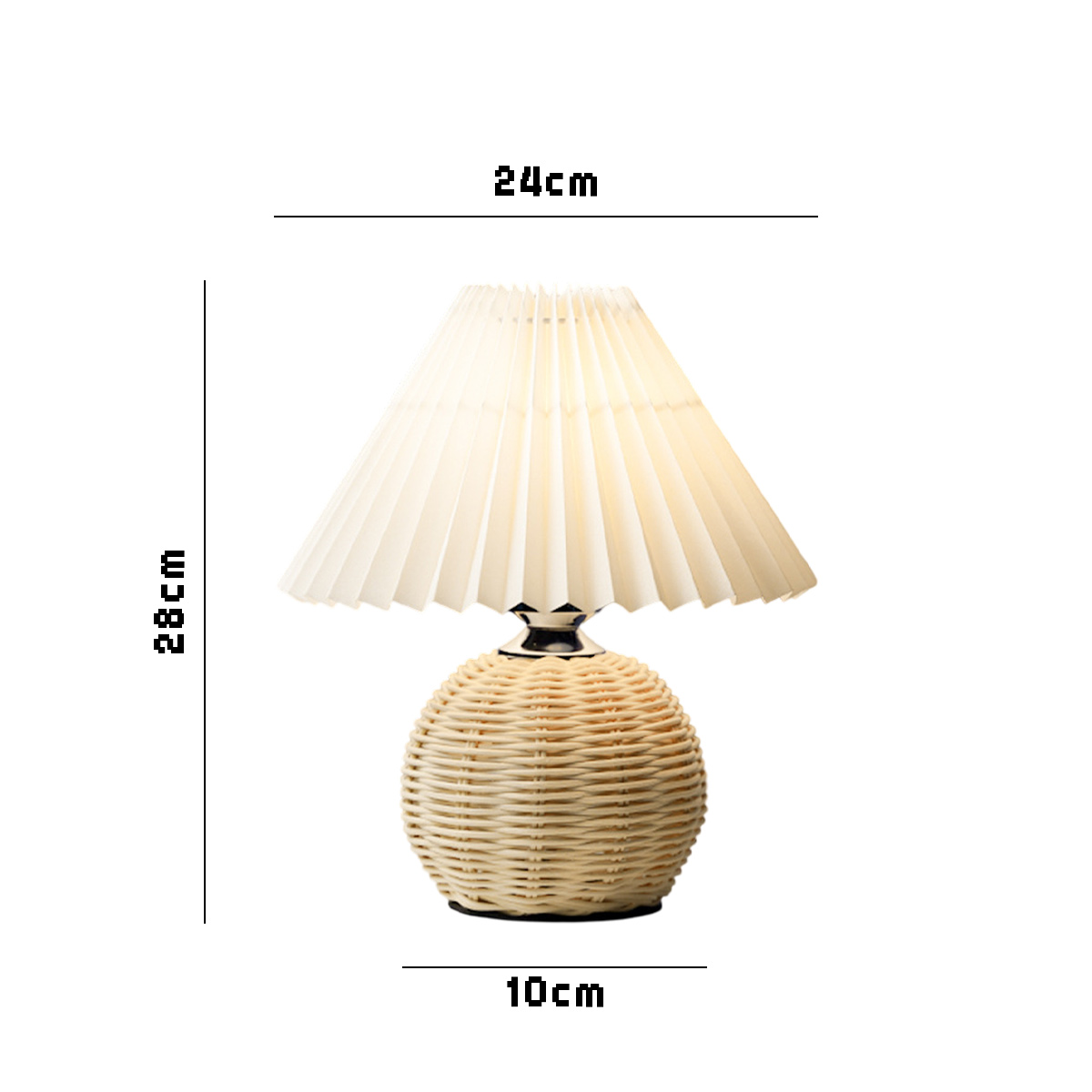 Eine Tischlampe mit gewebtem Sockel und plissiertem Lampenschirm. Abmessungen: 28cm hoch, 24cm breit, 10cm Sockel.