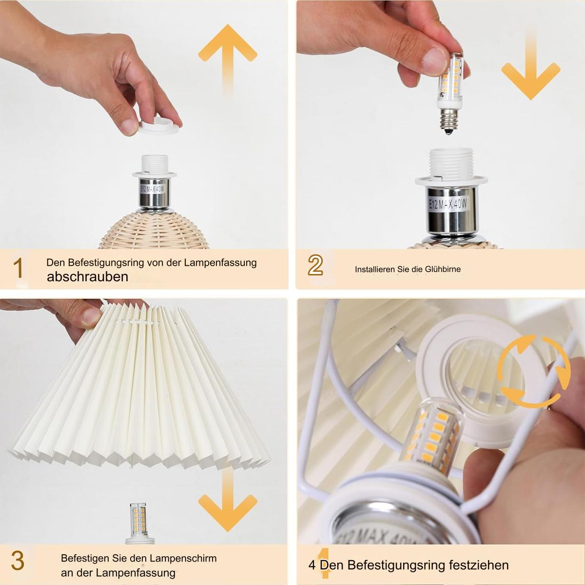 Vier Bilder zeigen die Schritte zur Montage einer Lampe, einschließlich Schrauben und Anbringen von Teilen.