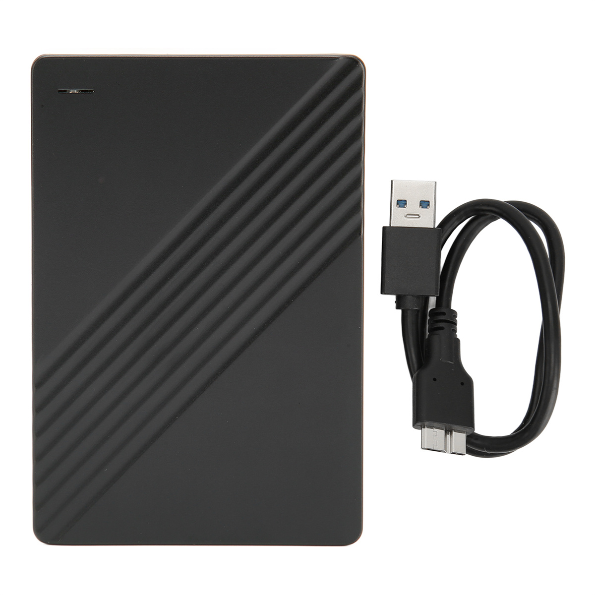 Schwarze externe Festplatte mit USB-Kabel.