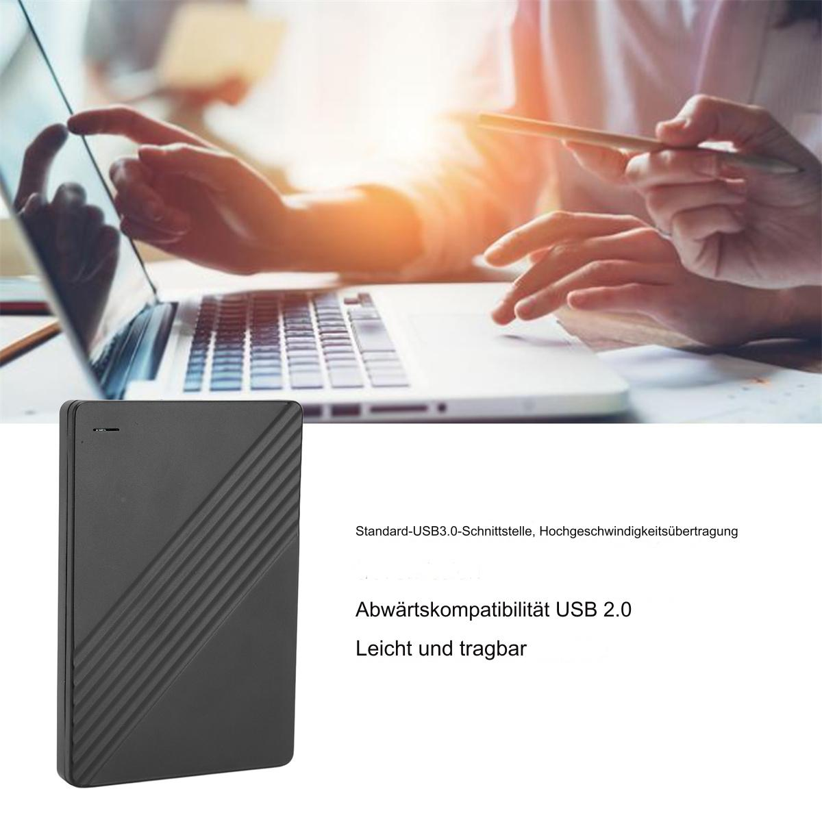 Schwarze externe Festplatte neben einem Laptop, Text über USB 3.0 und Datenübertragung.
