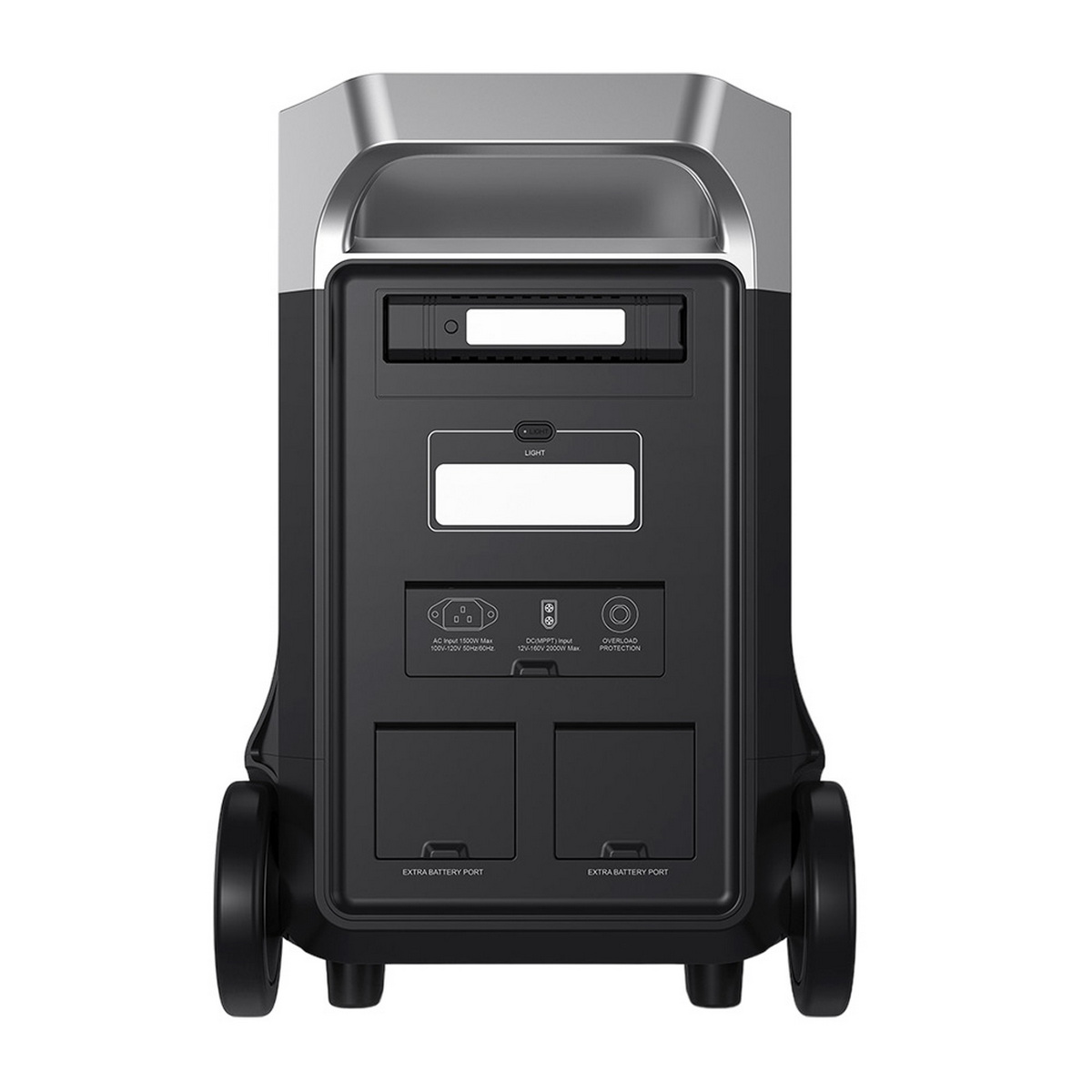 Czarno-srebrna przenośna stacja zasilania z portami i kółkami.