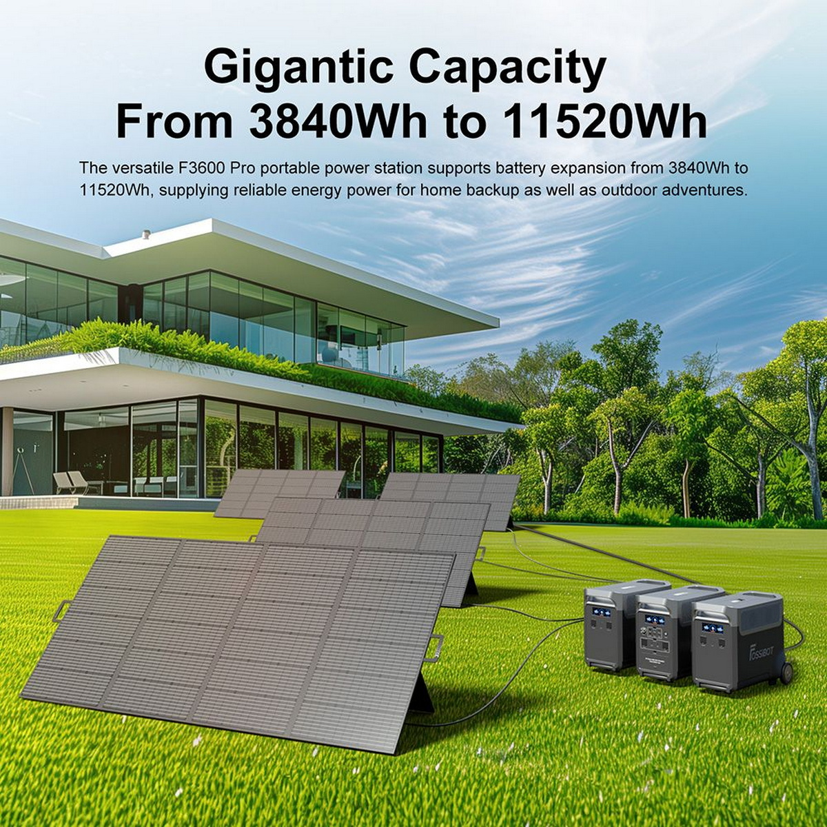 Krajobraz z panelami słonecznymi, elektrowniami i nowoczesnym domem w słoneczny dzień.