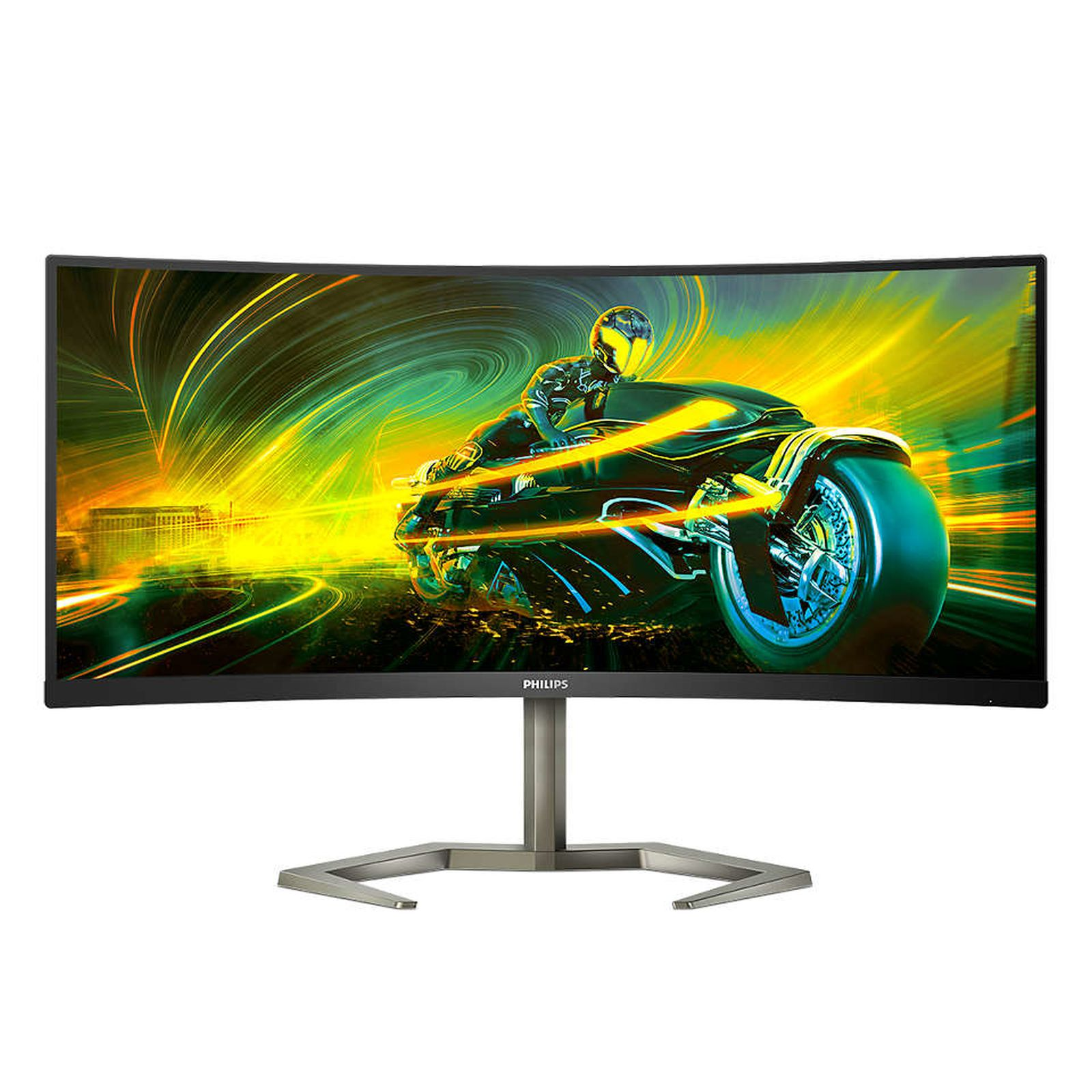 Monitor curvo con scena di gioco, mostra una moto. Supporto argentato.