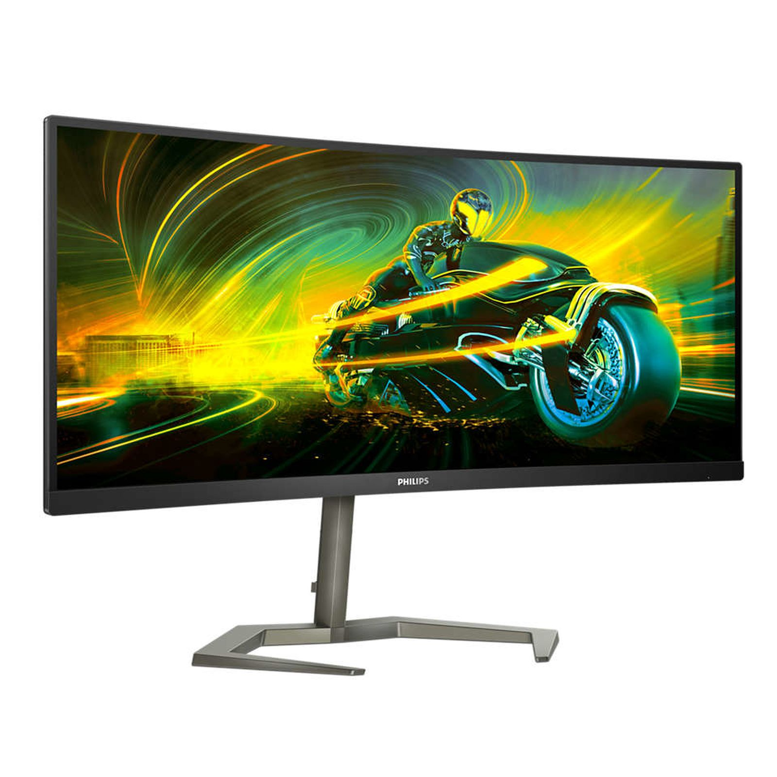 Monitor curvo con un motociclista su una moto. Luci gialle, verdi e arancioni. Supporto argentato.