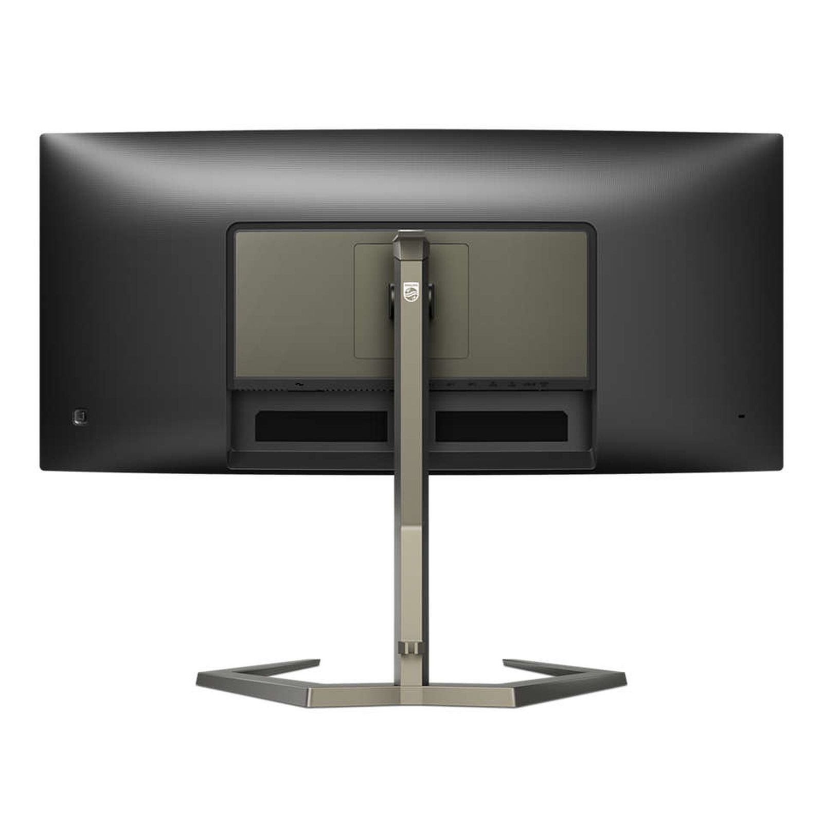Vista posteriore di un monitor di grandi dimensioni con supporto. Lo schermo è nero.