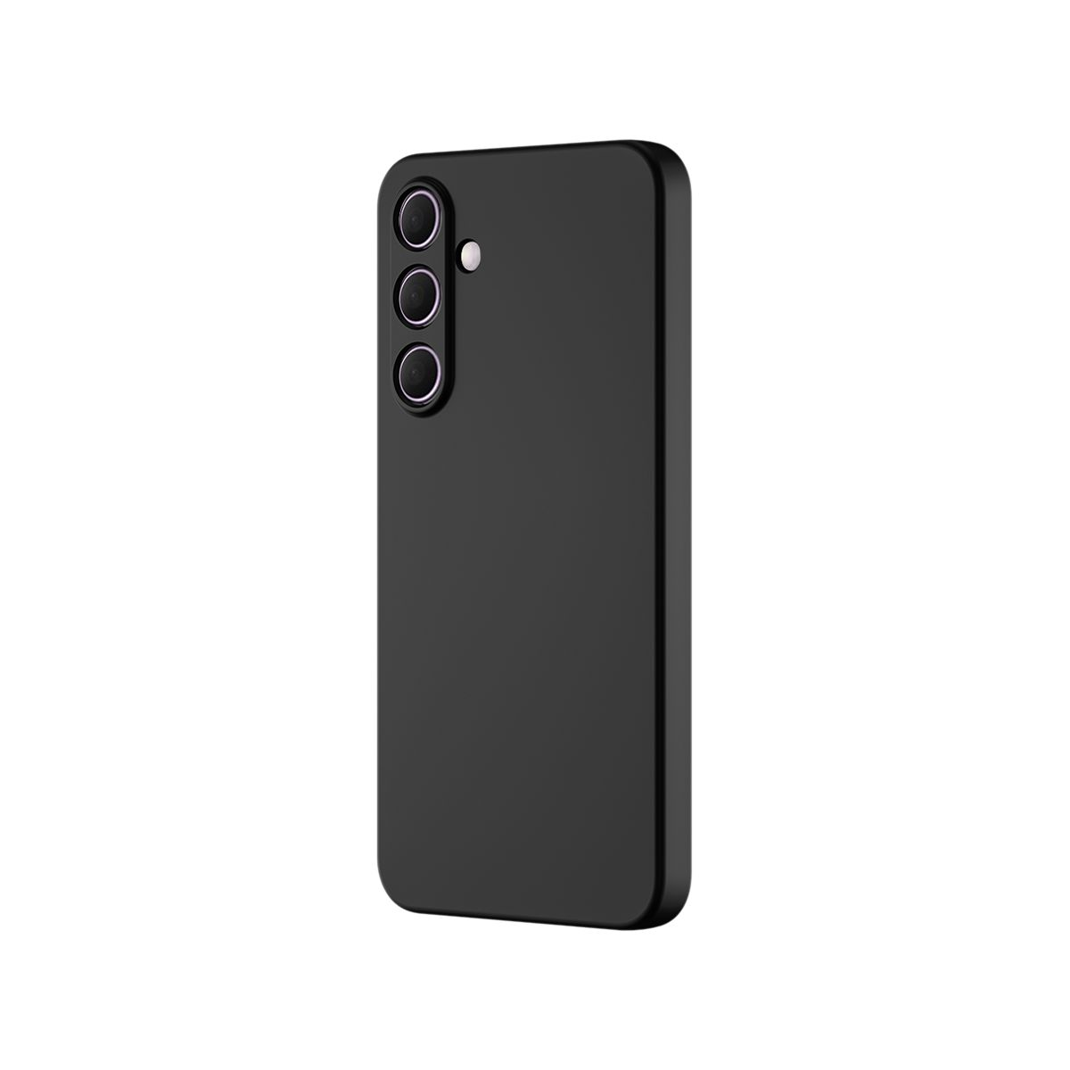 Coque de téléphone noire, avec trois découpes pour l'appareil photo. Sur fond blanc. La coque est unie.