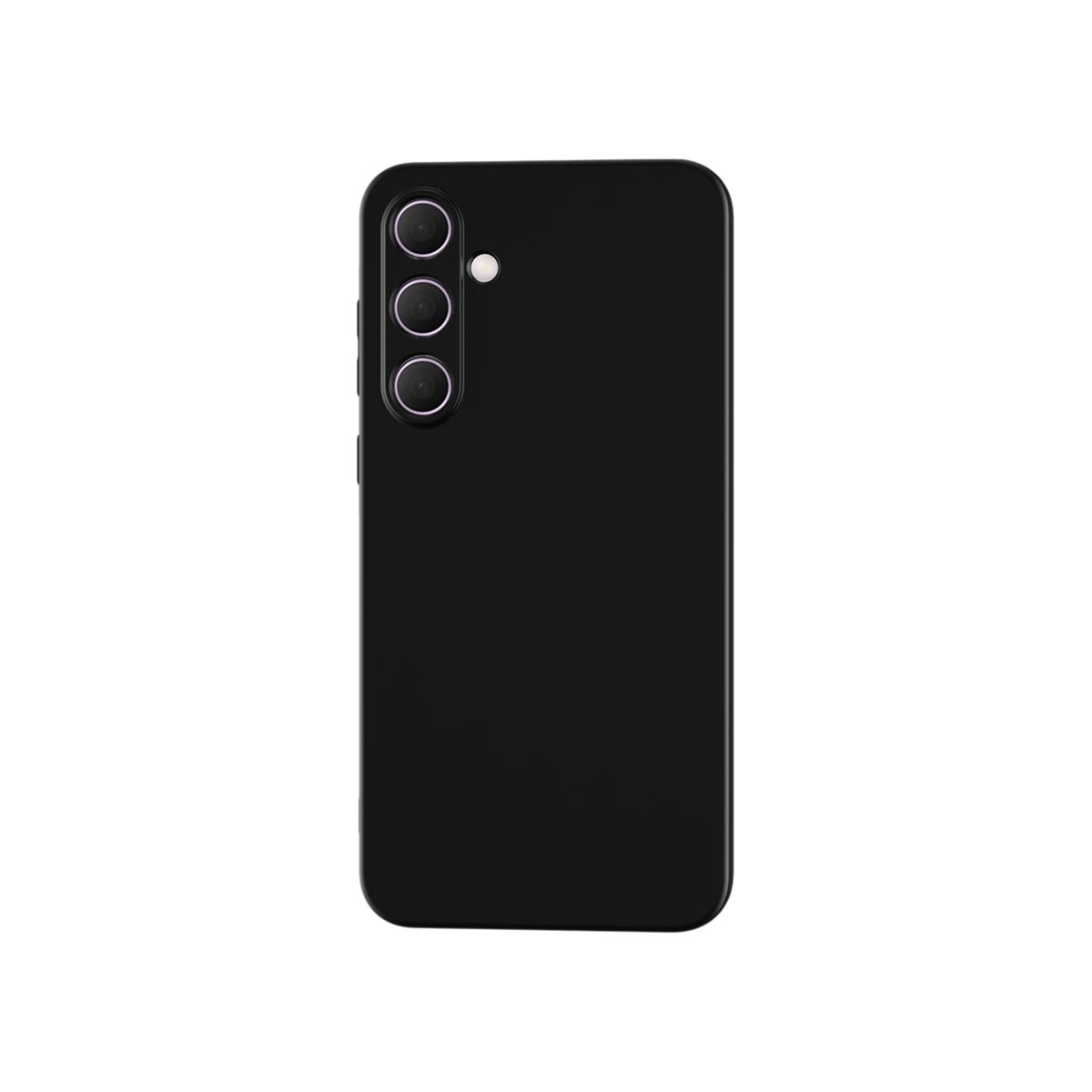 Coque de smartphone noire avec trois objectifs et un flash, isolée sur fond blanc.