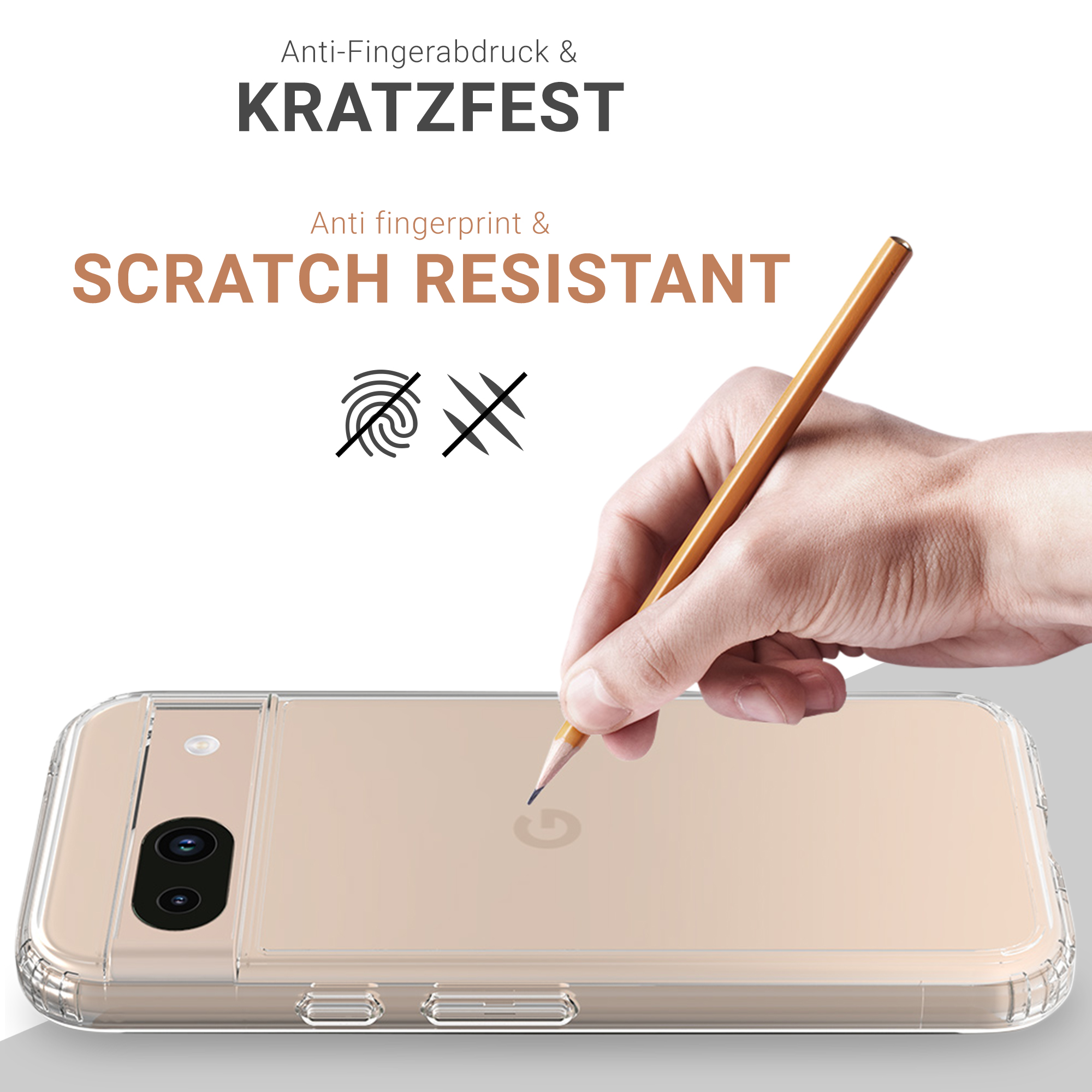 Eine klare Handyhülle mit einem Bleistift, der sie berührt.