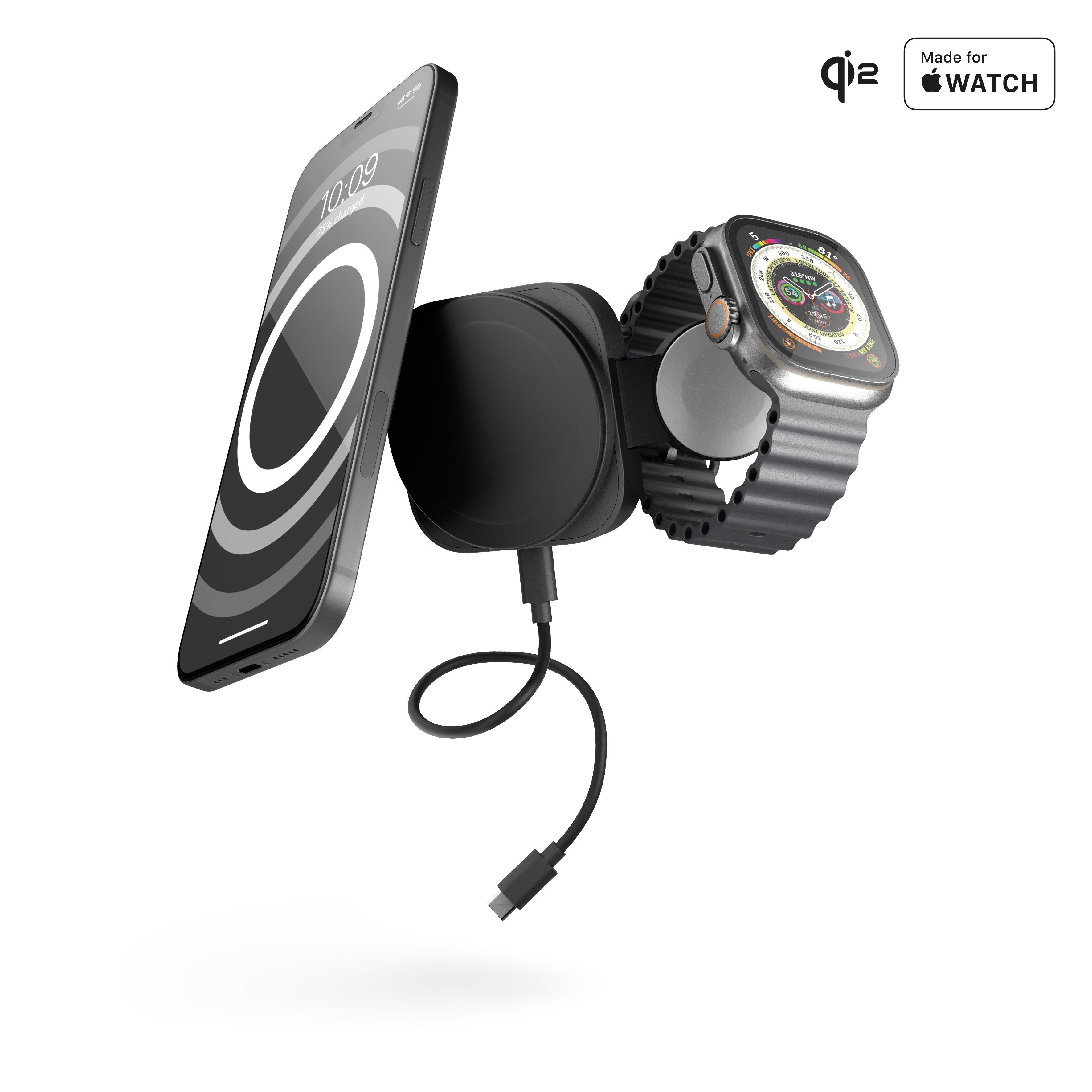 Eine Ladestation mit Telefon und Smartwatch, vor weißem Hintergrund.