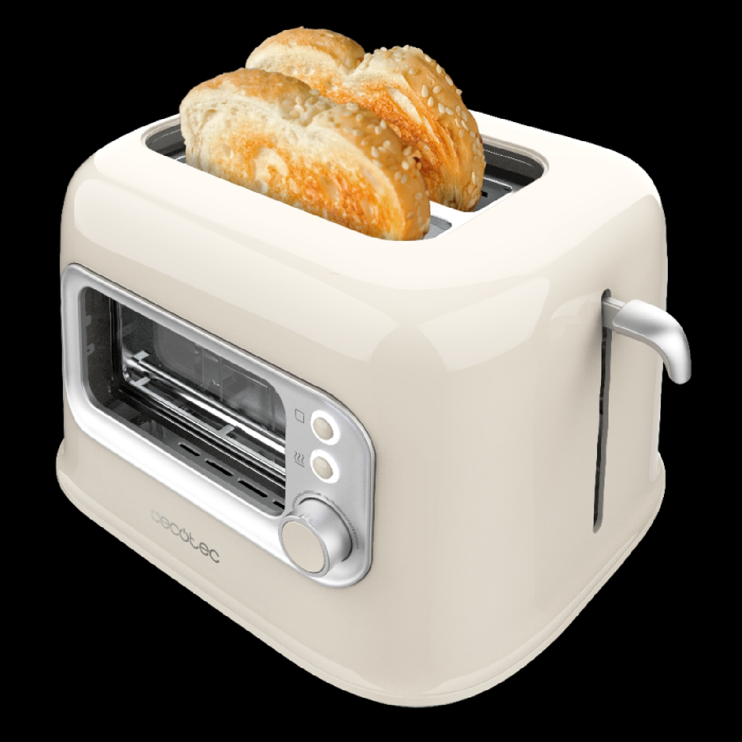 Ein cremefarbener Toaster mit zwei Scheiben Toastbrot.